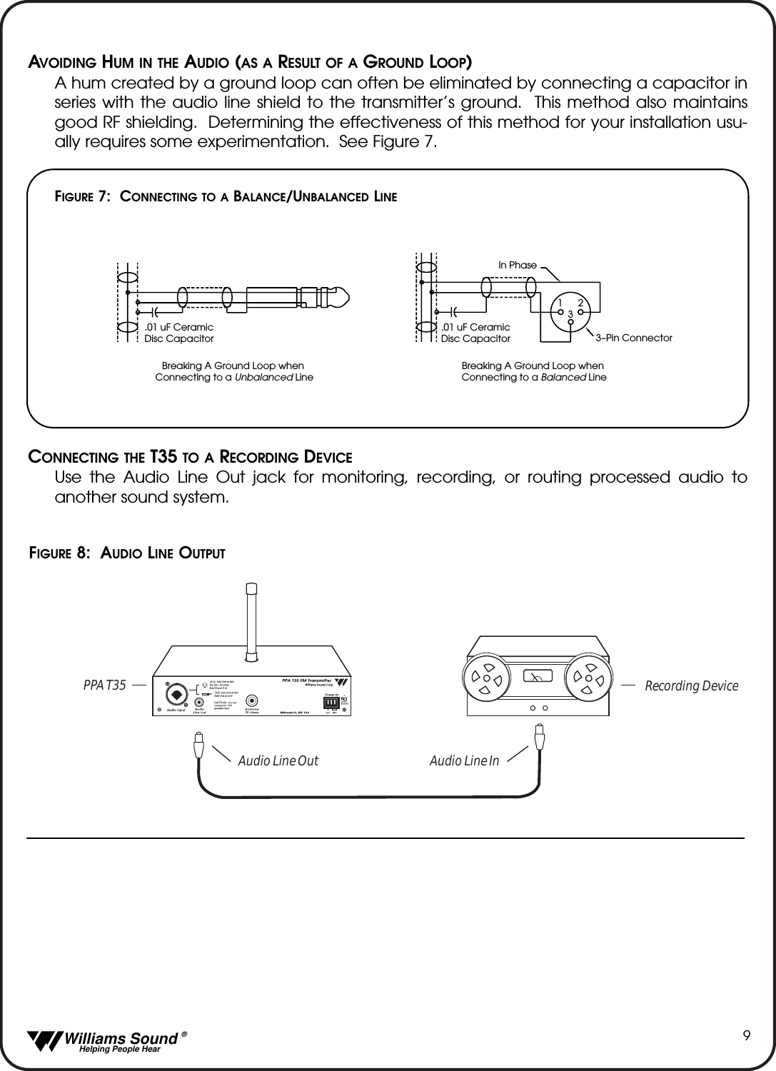   Williams Sound &reg;  Helping People Hear9AVOIDING HUM IN THE AUDIO (AS A RESULT OF A GROUND LOOP)A hum created by a ground loop can often be eliminated by connecting a capacitor inseries with the audio line shield to the transmitter&rsquo;s ground.  This method also maintainsgood RF shielding.  Determining the effectiveness of this method for your installation usu-ally requires some experimentation.  See Figure 7.CONNECTING THE T35 TO A RECORDING DEVICEUse the Audio Line Out jack for monitoring, recording, or routing processed audio toanother sound system..01 uF CeramicDisc CapacitorIn Phase3&ndash;Pin Connector.01 uF CeramicDisc Capacitor123Breaking A Ground Loop when Connecting to a Unbalanced LineBreaking A Ground Loop when Connecting to a Balanced LineFIGURE 7:  CONNECTING TO A BALANCE/UNBALANCED LINEFIGURE 8: AUDIO LINE OUTPUTAudio Line Out Audio Line InRecording DevicePPA T35