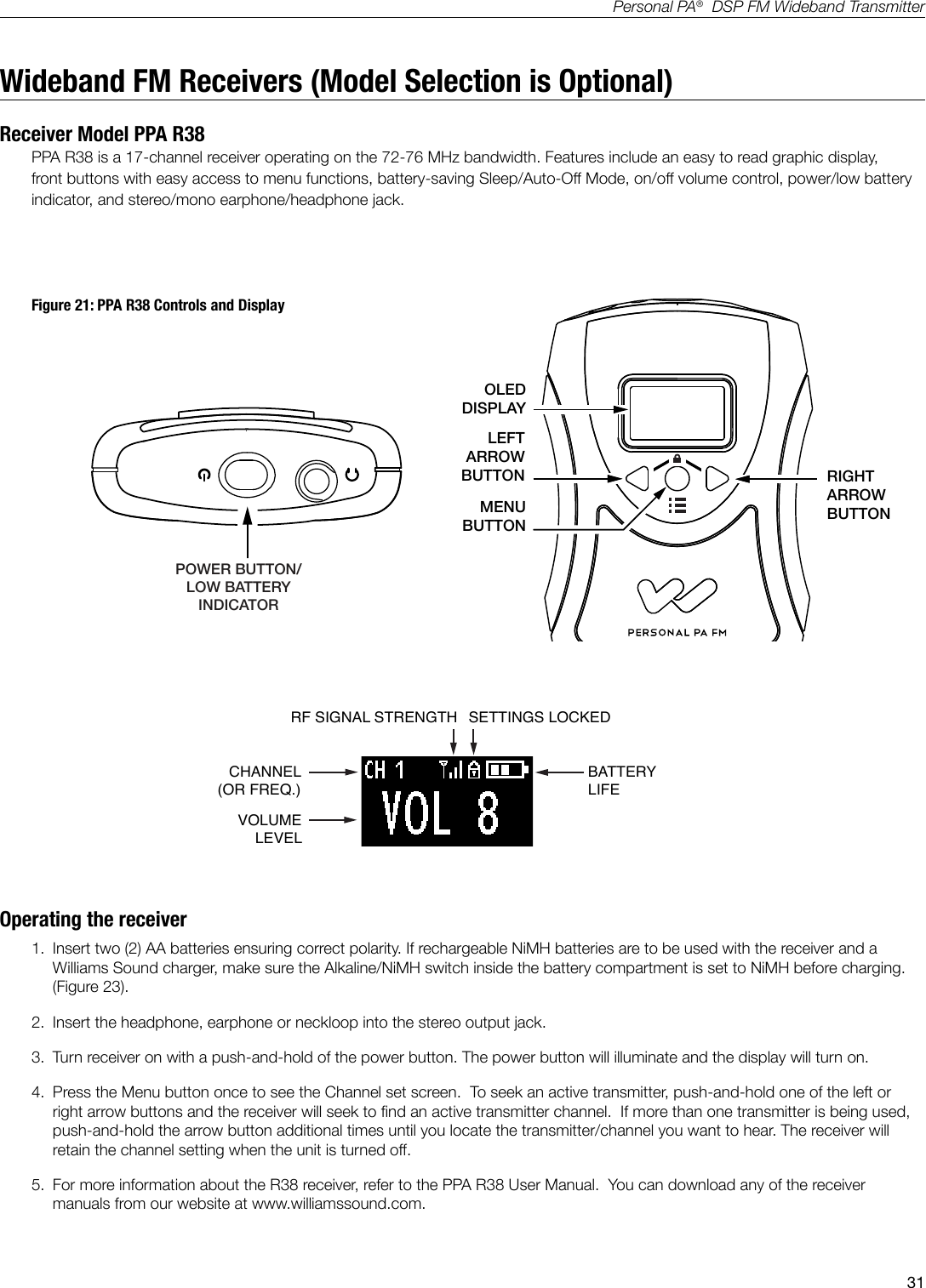 31Personal PA&reg;  DSP FM Wideband TransmitterWideband FM Receivers (Model Selection is Optional)Receiver Model PPA R38PPA R38 is a 17-channel receiver operating on the 72-76 MHz bandwidth. Features include an easy to read graphic display, front buttons with easy access to menu functions, battery-saving Sleep/Auto-Off Mode, on/off volume control, power/low battery indicator, and stereo/mono earphone/headphone jack. Figure 21: PPA R38 Controls and DisplayA447R38 TOPPOWER BUTTON/LOW BATTERYINDICATORT46 FRONTLEFTARROWBUTTON RIGHTARROW BUTTONMENUBUTTONOLEDDISPLAYA309A430VOLUME LEVELBATTERY LIFECHANNEL (OR FREQ.)RF SIGNAL STRENGTH SETTINGS LOCKEDOperating the receiver1.  Insert two (2) AA batteries ensuring correct polarity. If rechargeable NiMH batteries are to be used with the receiver and a Williams Sound charger, make sure the Alkaline/NiMH switch inside the battery compartment is set to NiMH before charging.  (Figure 23). 2.  Insert the headphone, earphone or neckloop into the stereo output jack.3.  Turn receiver on with a push-and-hold of the power button. The power button will illuminate and the display will turn on.4.  Press the Menu button once to see the Channel set screen.  To seek an active transmitter, push-and-hold one of the left or right arrow buttons and the receiver will seek to nd an active transmitter channel.  If more than one transmitter is being used, push-and-hold the arrow button additional times until you locate the transmitter/channel you want to hear. The receiver will retain the channel setting when the unit is turned off.5.  For more information about the R38 receiver, refer to the PPA R38 User Manual.  You can download any of the receiver manuals from our website at www.williamssound.com.