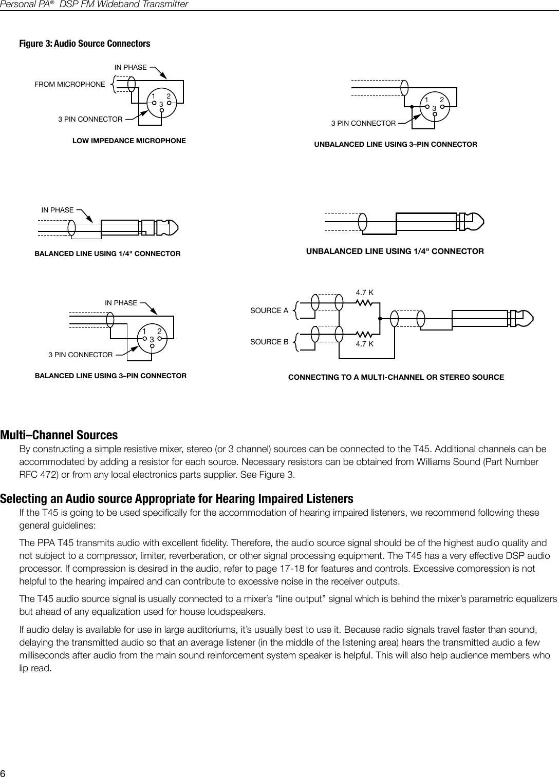 6Personal PA&reg;  DSP FM Wideband TransmitterBALANCED LINE USING 1/4" CONNECTORIN PHASEA106UNBALANCED LINE USING 1/4" CONNECTORA1074.7 K4.7 KSOURCE ASOURCE BCONNECTING TO A MULTI-CHANNEL OR STEREO SOURCEA109BALANCED LINE USING 3&ndash;PIN CONNECTORIN PHASE1 233 PIN CONNECTORA108IN PHASEFROM MICROPHONE1 233 PIN CONNECTORLOW IMPEDANCE MICROPHONEA104UNBALANCED LINE USING 3&ndash;PIN CONNECTOR1 233 PIN CONNECTORA105Figure 3: Audio Source ConnectorsMulti&ndash;Channel SourcesBy constructing a simple resistive mixer, stereo (or 3 channel) sources can be connected to the T45. Additional channels can be accommodated by adding a resistor for each source. Necessary resistors can be obtained from Williams Sound (Part Number RFC 472) or from any local electronics parts supplier. See Figure 3.Selecting an Audio source Appropriate for Hearing Impaired ListenersIf the T45 is going to be used specically for the accommodation of hearing impaired listeners, we recommend following these general guidelines:The PPA T45 transmits audio with excellent delity. Therefore, the audio source signal should be of the highest audio quality and not subject to a compressor, limiter, reverberation, or other signal processing equipment. The T45 has a very effective DSP audio processor. If compression is desired in the audio, refer to page 17-18 for features and controls. Excessive compression is not helpful to the hearing impaired and can contribute to excessive noise in the receiver outputs.The T45 audio source signal is usually connected to a mixer&rsquo;s &ldquo;line output&rdquo; signal which is behind the mixer&rsquo;s parametric equalizers but ahead of any equalization used for house loudspeakers.If audio delay is available for use in large auditoriums, it&rsquo;s usually best to use it. Because radio signals travel faster than sound, delaying the transmitted audio so that an average listener (in the middle of the listening area) hears the transmitted audio a few milliseconds after audio from the main sound reinforcement system speaker is helpful. This will also help audience members who lip read.