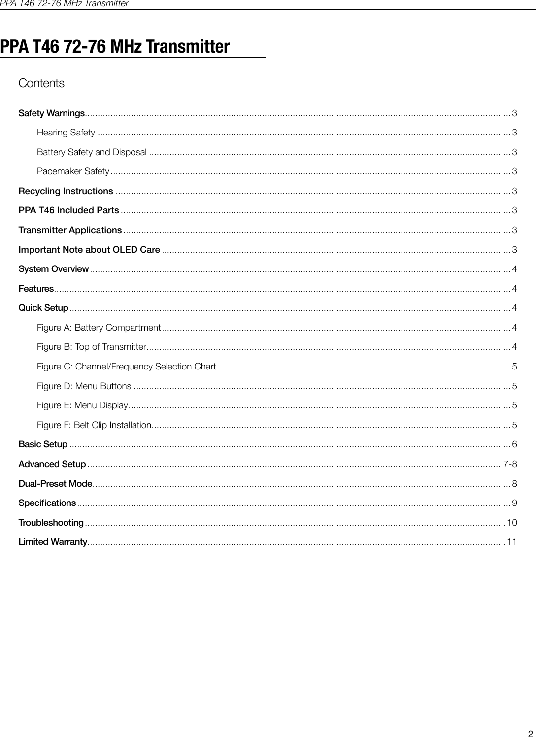 2PPA T46 72-76 MHz TransmitterSafety WarningsRecycling Instructions PPA T46 Included Parts Transmitter Applications Important Note about OLED CareSystem OverviewFeaturesQuick Setup Basic Setup Advanced SetupDual-Preset Mode Specications TroubleshootingLimited Warranty