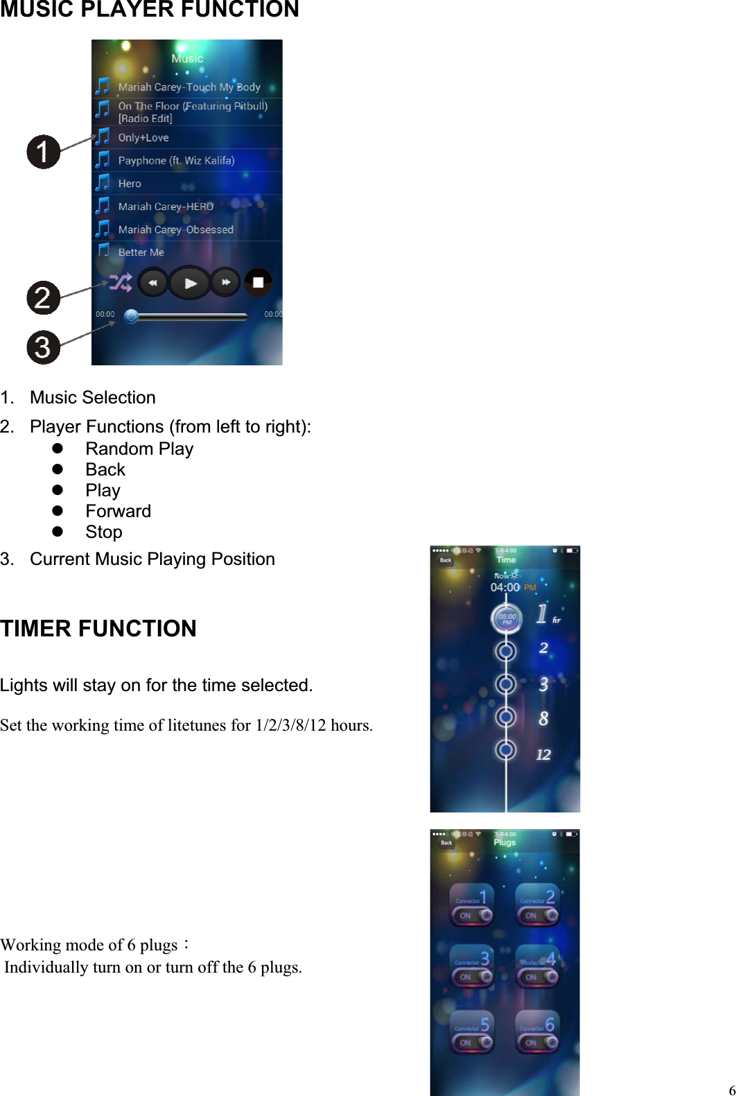 6MUSIC PLAYER FUNCTION1.   Music Selection 2.   Player Functions (from left to right): z Random Play z Back z Play z Forward z Stop 3.   Current Music Playing Position TIMER FUNCTION Lights will stay on for the time selected.Set the working time of litetunes for 1/2/3/8/12 hours. Working mode of 6 plugsΚ Individually turn on or turn off the 6 plugs. 