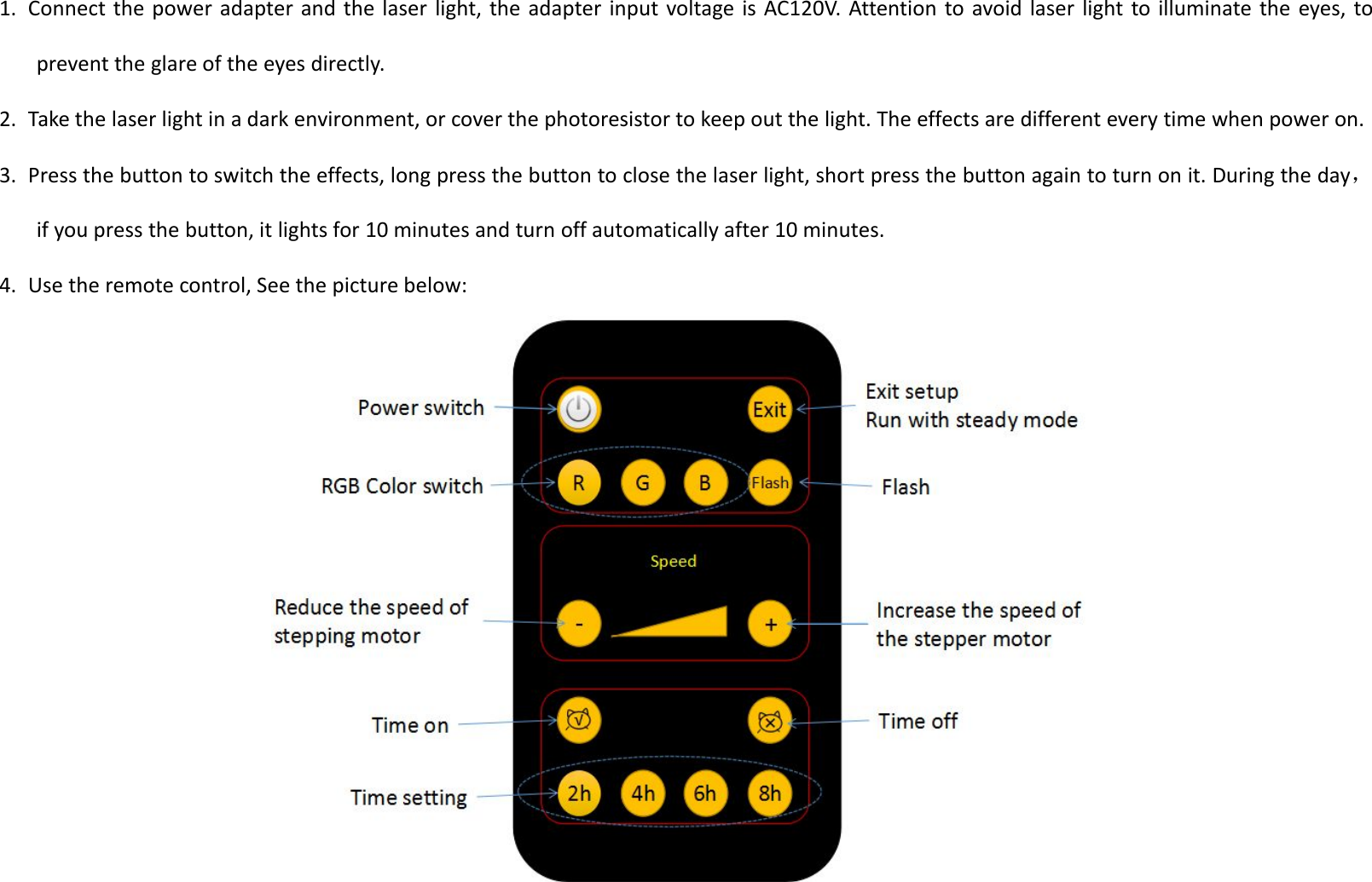 1. Connect the power adapter and the laser light, the adapter input voltage is AC120V. Attention to avoid laser light to illuminate the eyes, toprevent the glare of the eyes directly.2. Take the laser light in a dark environment, or cover the photoresistor to keep out the light. The effects are different every time when power on.3. Press the button to switch the effects, long press the button to close the laser light, short press the button again to turn on it. During the day，if you press the button, it lights for 10 minutes and turn off automatically after 10 minutes.4. Use the remote control, See the picture below: