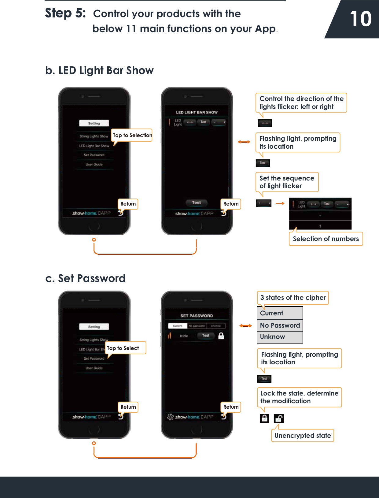 Step 5:  Control your products with the          below 11 main functions on your App.    10b. LED Light Bar Showc. Set PasswordCurrentNo Password UnknowControl the direction of the lights flicker: left or right Flashing light, prompting its location Lock the state, determine the modificationUnencrypted state Tap to Selection Flashing light, prompting its location Set the sequence of light flickerReturnReturnSelection of numbers Tap to Select3 states of the cipher ReturnReturn