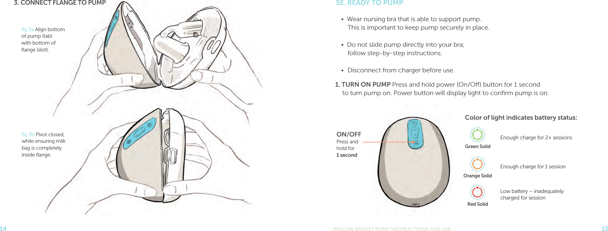WILLOW BREAST PUMP INSTRUCTIONS FOR USE 15145E. READY TO PUMP•  Wear nursing bra that is able to support pump. This is important to keep pump securely in place.•  Do not slide pump directly into your bra;  follow step-by-step instructions.•  Disconnect from charger before use.1. TURN ON PUMP Press and hold power (On/O) button for 1 second  to turn pump on. Power button will display light to conﬁrm pump is on.ON/OFF Press and  hold for  1 second   Color of light indicates battery status: Green SolidEnough charge for 2+ sessions Orange SolidEnough charge for 1 session. Red SolidLow battery – inadequately charged for sessionﬁg 3a Align bottom of pump (tab)  with bottom of ﬂange (slot).ﬁg 3b Pivot closed, while ensuring milk bag is completely inside ﬂange.3. CONNECT FLANGE TO PUMP