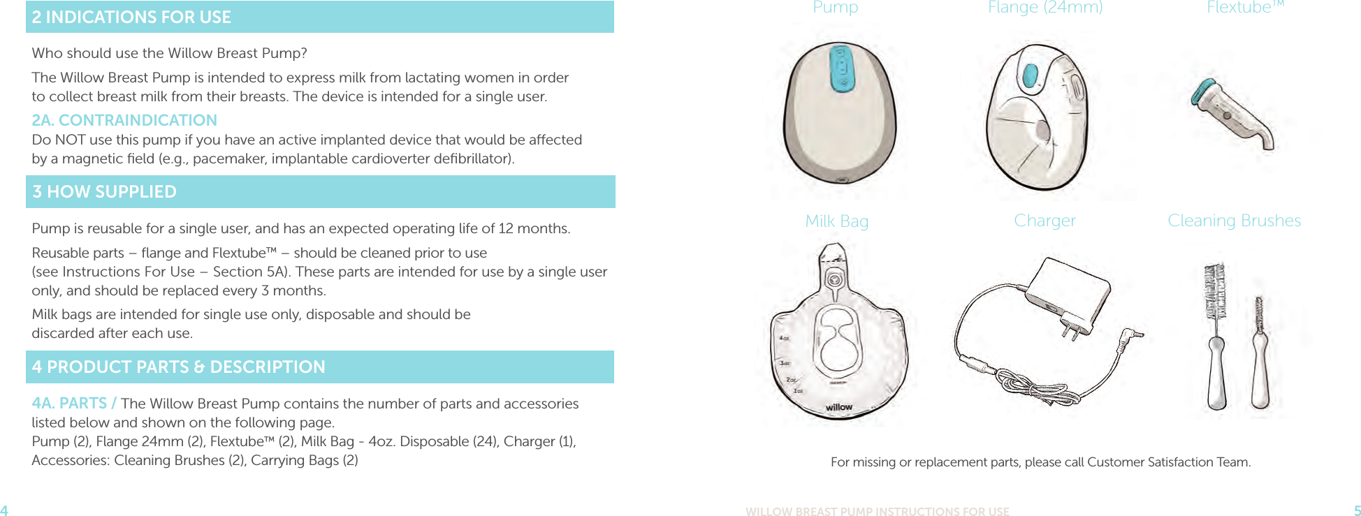 WILLOW BREAST PUMP INSTRUCTIONS FOR USE 542 INDICATIONS FOR USEWho should use the Willow Breast Pump?The Willow Breast Pump is intended to express milk from lactating women in order  to collect breast milk from their breasts. The device is intended for a single user.2A. CONTRAINDICATION Do NOT use this pump if you have an active implanted device that would be aected  by a magnetic ﬁeld (e.g., pacemaker, implantable cardioverter deﬁbrillator).3 HOW SUPPLIEDPump is reusable for a single user, and has an expected operating life of 12 months.Reusable parts – ﬂange and Flextube™ – should be cleaned prior to use  (see Instructions For Use – Section 5A). These parts are intended for use by a single user only, and should be replaced every 3 months.Milk bags are intended for single use only, disposable and should be  discarded after each use.4 PRODUCT PARTS &amp; DESCRIPTION4A. PARTS / The Willow Breast Pump contains the number of parts and accessories listed below and shown on the following page.  Pump (2), Flange 24mm (2), Flextube™ (2), Milk Bag - 4oz. Disposable (24), Charger (1), Accessories: Cleaning Brushes (2), Carrying Bags (2)     For missing or replacement parts, please call Customer Satisfaction Team.Pump Flange (24mm) Flextube™Milk Bag Charger Cleaning Brushes