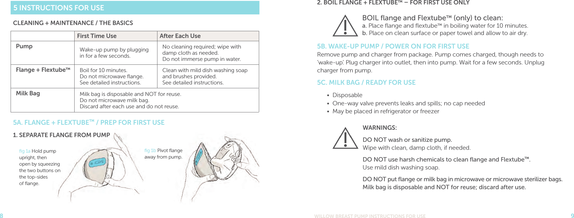 WILLOW BREAST PUMP INSTRUCTIONS FOR USE 982. BOIL FLANGE + FLEXTUBE™  FOR FIRST USE ONLY5B. WAKE-UP PUMP / POWER ON FOR FIRST USE Remove pump and charger from package. Pump comes charged, though needs to ‘wake-up’. Plug charger into outlet, then into pump. Wait for a few seconds. Unplug charger from pump.5C. MILK BAG / READY FOR USE•  Disposable •  One-way valve prevents leaks and spills; no cap needed •  May be placed in refrigerator or freezer5 INSTRUCTIONS FOR USECLEANING + MAINTENANCE / THE BASICSFirst Time Use After Each UsePump Wake-up pump by plugging in for a few seconds.No cleaning required; wipe with damp cloth as needed.Do not immerse pump in water.Flange + Flextube™Boil for 10 minutes. Do not microwave ﬂange.See detailed instructions.Clean with mild dish washing soap and brushes provided.See detailed instructions.Milk Bag Milk bag is disposable and NOT for reuse. Do not microwave milk bag. Discard after each use and do not reuse.5A. FLANGE + FLEXTUBE™ / PREP FOR FIRST USE BOIL ﬂange and Flextube™ (only) to clean:  a. Place ﬂange and ﬂextube™ in boiling water for 10 minutes. b. Place on clean surface or paper towel and allow to air dry.ﬁg 1a Hold pump upright, then  open by squeezing the two buttons on the top-sides  of ﬂange.ﬁg 1b Pivot ﬂange away from pump.1. SEPARATE FLANGE FROM PUMP WARNINGS:DO NOT wash or sanitize pump. Wipe with clean, damp cloth, if needed.DO NOT use harsh chemicals to clean ﬂange and Flextube™. Use mild dish washing soap.DO NOT put ﬂange or milk bag in microwave or microwave sterilizer bags. Milk bag is disposable and NOT for reuse; discard after use.