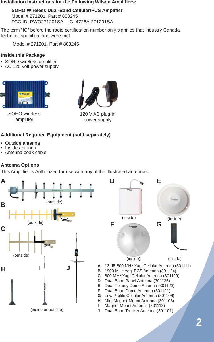 2Installation Instructions for the Following Wilson Ampliﬁ ers:SOHO Wireless Dual-Band Cellular/PCS Ampliﬁ erModel # 271201, Part # 803245FCC ID: PWO271201SA    IC: 4726A-271201SAThe term “IC” before the radio certiﬁ cation number only signiﬁ es that Industry Canada technical speciﬁ cations were met.         Model # 271201, Part # 803245Inside this Package•  SOHO wireless ampliﬁ er•  AC 120 volt power supplyAdditional Required Equipment (sold separately)•  Outside antenna•  Inside antenna•  Antenna coax cableA  13 dB 800 MHz Yagi Cellular Antenna (301111) B  1900 MHz Yagi PCS Antenna (301124)C  800 MHz Yagi Cellular Antenna (301129) D  Dual-Band Panel Antenna (301135)E  Dual-Polarity Dome Antenna (301123) F  Dual-Band Dome Antenna (301121) G Low Proﬁ le Cellular Antenna (301106) H  Mini Magnet-Mount Antenna (301103)I Magnet-Mount Antenna (301113)J Dual-Band Trucker Antenna (301101)Antenna OptionsABCDEFGHJ120 V AC plug-inpower supplySOHO wirelessampliﬁ erI(outside)(outside)(outside)(inside or outside)(inside) (inside)(inside) (inside)This Ampliﬁ er is Authorized for use with any of the illustrated antennas.