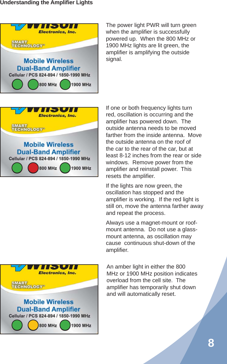 8Understanding the Ampliﬁ er LightsThe power light PWR will turn green when the ampliﬁ er is successfully powered up.  When the 800 MHz or 1900 MHz lights are lit green, the ampliﬁ er is amplifying the outside signal.If one or both frequency lights turn red, oscillation is occurring and the ampliﬁ er has powered down.  The outside antenna needs to be moved farther from the inside antenna.  Move the outside antenna on the roof of the car to the rear of the car, but at least 8-12 inches from the rear or side windows.  Remove power from the ampliﬁ er and reinstall power.  This resets the ampliﬁ er.If the lights are now green, the oscillation has stopped and the ampliﬁ er is working.  If the red light is still on, move the antenna farther away and repeat the process.Always use a magnet-mount or roof-mount antenna.  Do not use a glass-mount antenna, as oscillation may cause  continuous shut-down of the ampliﬁ er.An amber light in either the 800 MHz or 1900 MHz position indicates overload from the cell site.  The ampliﬁ er has temporarily shut down and will automatically reset.