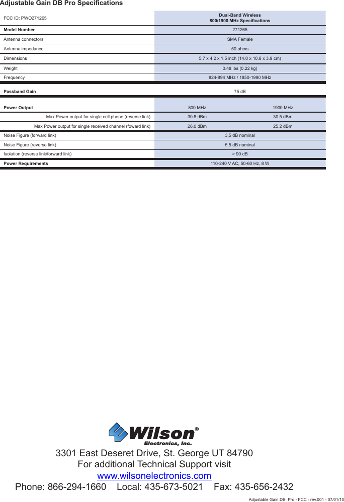 Adjustable Gain DB  Pro - FCC - rev.001 - 07/01/103301 East Deseret Drive, St. George UT 84790For additional Technical Support visitwww.wilsonelectronics.comPhone: 866-294-1660    Local: 435-673-5021    Fax: 435-656-2432Adjustable Gain DB Pro SpecicationsFCC ID: PWO271265 Dual-Band Wireless800/1900 MHz SpecicationsModel Number 271265Antenna connectors SMA FemaleAntenna impedance 50 ohmsDimensions 5.7 x 4.2 x 1.5 inch (14.0 x 10.8 x 3.9 cm)Weight 0.48 lbs (0.22 kg)Frequency 824-894 MHz / 1850-1990 MHzPassband Gain 75 dBPower Output 800 MHz 1900 MHzMax Power output for single cell phone (reverse link) 30.8 dBm 30.5 dBmMax Power output for single received channel (foward link) 26.0 dBm 25.2 dBmNoise Figure (forward link) 3.5 dB nominalNoise Figure (reverse link) 5.5 dB nominalIsolation (reverse link/forward link) &gt; 90 dBPower Requirements 110-240 V AC, 50-60 Hz, 8 W