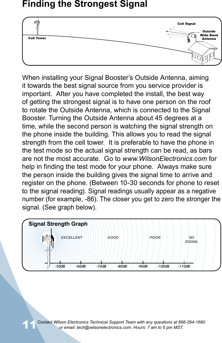 11Contact Wilson Electronics Technical Support Team with any questions at 866-294-1660   or email: tech@wilsonelectronics.com. Hours: 7 am to 6 pm MST.12Finding the Strongest SignalWhen installing your Signal Booster’s Outside Antenna, aiming it towards the best signal source from you service provider is important.  After you have completed the install, the best way of getting the strongest signal is to have one person on the roof to rotate the Outside Antenna, which is connected to the Signal Booster. Turning the Outside Antenna about 45 degrees at a time, while the second person is watching the signal strength on the phone inside the building. This allows you to read the signal strength from the cell tower.  It is preferable to have the phone in the test mode so the actual signal strength can be read, as bars are not the most accurate.  Go to www.WilsonElectronics.com for help in finding the test mode for your phone.  Always make sure the person inside the building gives the signal time to arrive and register on the phone. (Between 10-30 seconds for phone to reset to the signal reading). Signal readings usually appear as a negative number (for example, -86). The closer you get to zero the stronger the signal. (See graph below).-50dB -60dB -70dB -80dB -90dB -100dB -110dBEXCELLENT GOOD POOR NOSIGNALSignal Strength GraphCell TowerCell SignalOutsideWide Band  Antenna