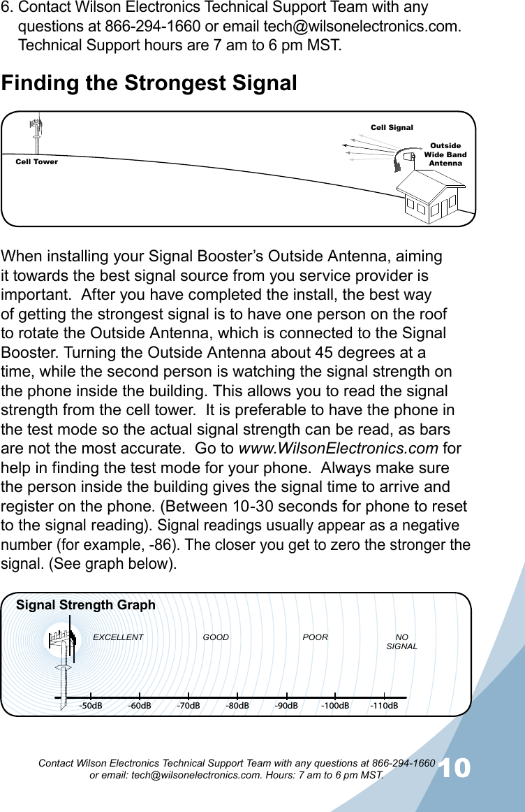 910Contact Wilson Electronics Technical Support Team with any questions at 866-294-1660   or email: tech@wilsonelectronics.com. Hours: 7 am to 6 pm MST.6. Contact Wilson Electronics Technical Support Team with any questions at 866-294-1660 or email tech@wilsonelectronics.com. Technical Support hours are 7 am to 6 pm MST.Finding the Strongest Signal-50dB -60dB -70dB -80dB -90dB -100dB -110dBEXCELLENT GOOD POOR NOSIGNALSignal Strength GraphCell TowerCell SignalOutsideWide Band  AntennaWhen installing your Signal Booster’s Outside Antenna, aiming it towards the best signal source from you service provider is important.  After you have completed the install, the best way of getting the strongest signal is to have one person on the roof to rotate the Outside Antenna, which is connected to the Signal Booster. Turning the Outside Antenna about 45 degrees at a time, while the second person is watching the signal strength on the phone inside the building. This allows you to read the signal strength from the cell tower.  It is preferable to have the phone in the test mode so the actual signal strength can be read, as bars are not the most accurate.  Go to www.WilsonElectronics.com for help in finding the test mode for your phone.  Always make sure the person inside the building gives the signal time to arrive and register on the phone. (Between 10-30 seconds for phone to reset to the signal reading). Signal readings usually appear as a negative number (for example, -86). The closer you get to zero the stronger the signal. (See graph below).