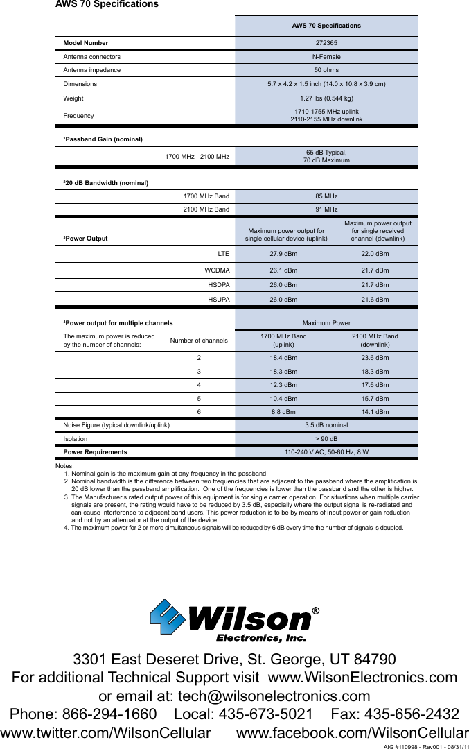 3301 East Deseret Drive, St. George, UT 84790For additional Technical Support visit  www.WilsonElectronics.com or email at: tech@wilsonelectronics.comPhone: 866-294-1660    Local: 435-673-5021    Fax: 435-656-2432www.twitter.com/WilsonCellular      www.facebook.com/WilsonCellularAIG #110998 - Rev001 - 08/31/11AWS 70 SpecificationsAWS 70 SpecificationsModel Number 272365Antenna connectors N-FemaleAntenna impedance 50 ohmsDimensions 5.7 x 4.2 x 1.5 inch (14.0 x 10.8 x 3.9 cm)Weight 1.27 lbs (0.544 kg)Frequency 1710-1755 MHz uplink  2110-2155 MHz downlink1Passband Gain (nominal)1700 MHz - 2100 MHz 65 dB Typical,  70 dB Maximum220 dB Bandwidth (nominal)1700 MHz Band 85 MHz2100 MHz Band 91 MHz3Power OutputMaximum power output for single cellular device (uplink)Maximum power output for single received channel (downlink)LTE 27.9 dBm 22.0 dBmWCDMA 26.1 dBm 21.7 dBmHSDPA 26.0 dBm 21.7 dBmHSUPA 26.0 dBm 21.6 dBm4Power output for multiple channels Maximum PowerThe maximum power is reduced by the number of channels: Number of channels 1700 MHz Band(uplink)2100 MHz Band(downlink)2 18.4 dBm 23.6 dBm3 18.3 dBm 18.3 dBm4 12.3 dBm 17.6 dBm5 10.4 dBm 15.7 dBm6 8.8 dBm 14.1 dBmNoise Figure (typical downlink/uplink) 3.5 dB nominalIsolation &gt; 90 dBPower Requirements 110-240 V AC, 50-60 Hz, 8 WNotes:     1. Nominal gain is the maximum gain at any frequency in the passband.     2. Nominal bandwidth is the difference between two frequencies that are adjacent to the passband where the amplification is           20 dB lower than the passband amplification.  One of the frequencies is lower than the passband and the other is higher.     3. The Manufacturer’s rated output power of this equipment is for single carrier operation. For situations when multiple carrier           signals are present, the rating would have to be reduced by 3.5 dB, especially where the output signal is re-radiated and           can cause interference to adjacent band users. This power reduction is to be by means of input power or gain reduction           and not by an attenuator at the output of the device.          4. The maximum power for 2 or more simultaneous signals will be reduced by 6 dB every time the number of signals is doubled.