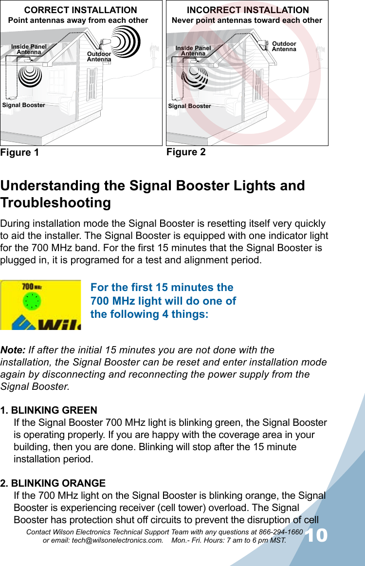 910Contact Wilson Electronics Technical Support Team with any questions at 866-294-1660   or email: tech@wilsonelectronics.com.    Mon.- Fri. Hours: 7 am to 6 pm MST.During installation mode the Signal Booster is resetting itself very quickly to aid the installer. The Signal Booster is equipped with one indicator light for the 700 MHz band. For the first 15 minutes that the Signal Booster is plugged in, it is programed for a test and alignment period. 1. BLINKING GREENIf the Signal Booster 700 MHz light is blinking green, the Signal Booster is operating properly. If you are happy with the coverage area in your building, then you are done. Blinking will stop after the 15 minute installation period.2. BLINKING ORANGEIf the 700 MHz light on the Signal Booster is blinking orange, the Signal Booster is experiencing receiver (cell tower) overload. The Signal Booster has protection shut off circuits to prevent the disruption of cell Understanding the Signal Booster Lights and TroubleshootingNote: If after the initial 15 minutes you are not done with the installation, the Signal Booster can be reset and enter installation mode again by disconnecting and reconnecting the power supply from the Signal Booster.For the first 15 minutes the 700 MHz light will do one of the following 4 things:Signal Booster Signal BoosterOutdoorAntennaOutdoorAntennaInside PanelAntenna Inside PanelAntennaFigure 1 Figure 2CORRECT INSTALLATION INCORRECT INSTALLATIONNever point antennas toward each otherPoint antennas away from each other