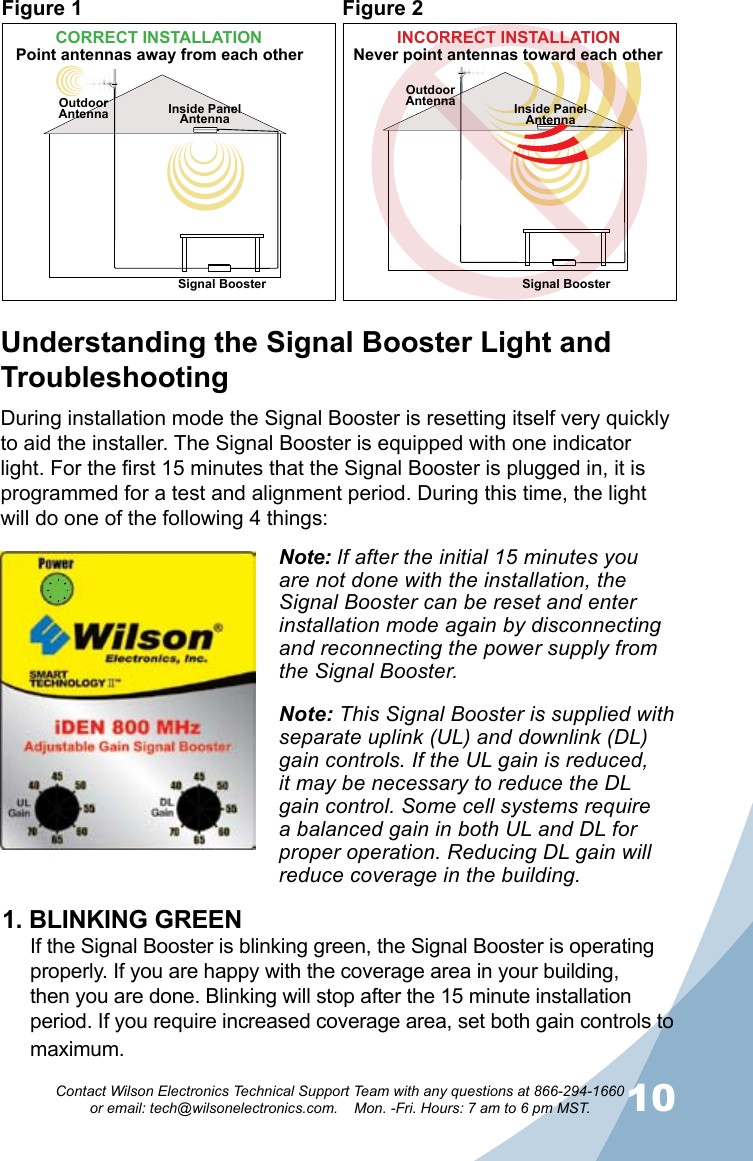 910Contact Wilson Electronics Technical Support Team with any questions at 866-294-1660   or email: tech@wilsonelectronics.com.    Mon. -Fri. Hours: 7 am to 6 pm MST.Point antennas away from each otherSignal BoosterOutdoorAntenna Inside PanelAntenna Inside PanelAntennaFigure 1 Figure 2CORRECT INSTALLATIONDuring installation mode the Signal Booster is resetting itself very quickly to aid the installer. The Signal Booster is equipped with one indicator light. For the first 15 minutes that the Signal Booster is plugged in, it is programmed for a test and alignment period. During this time, the light will do one of the following 4 things:Understanding the Signal Booster Light and TroubleshootingNote: If after the initial 15 minutes you are not done with the installation, the Signal Booster can be reset and enter installation mode again by disconnecting and reconnecting the power supply from the Signal Booster.Note: This Signal Booster is supplied with separate uplink (UL) and downlink (DL) gain controls. If the UL gain is reduced, it may be necessary to reduce the DL gain control. Some cell systems require a balanced gain in both UL and DL for proper operation. Reducing DL gain will reduce coverage in the building.1. BLINKING GREENIf the Signal Booster is blinking green, the Signal Booster is operating properly. If you are happy with the coverage area in your building, then you are done. Blinking will stop after the 15 minute installation period. If you require increased coverage area, set both gain controls to maximum.OutdoorAntennaSignal BoosterNever point antennas toward each otherINCORRECT INSTALLATION