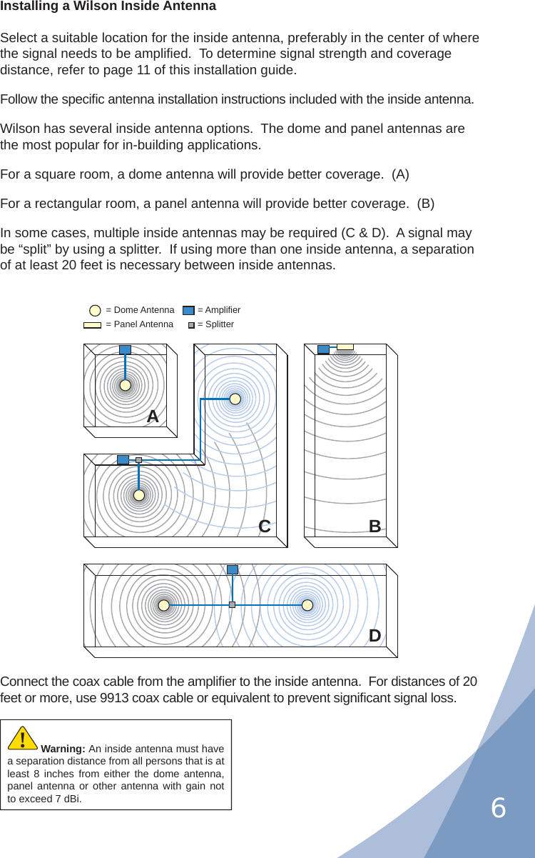 6Installing a Wilson Inside AntennaSelect a suitable location for the inside antenna, preferably in the center of where the signal needs to be ampliﬁ ed.  To determine signal strength and coverage distance, refer to page 11 of this installation guide. Follow the speciﬁ c antenna installation instructions included with the inside antenna.Wilson has several inside antenna options.  The dome and panel antennas are the most popular for in-building applications.  For a square room, a dome antenna will provide better coverage.  (A)For a rectangular room, a panel antenna will provide better coverage.  (B)In some cases, multiple inside antennas may be required (C &amp; D).  A signal may be “split” by using a splitter.  If using more than one inside antenna, a separation of at least 20 feet is necessary between inside antennas.= Dome Antenna= Panel Antenna = Splitter= AmplifierConnect the coax cable from the ampliﬁ er to the inside antenna.  For distances of 20 feet or more, use 9913 coax cable or equivalent to prevent signiﬁ cant signal loss.ABCDWarning: An inside antenna must have a separation distance from all persons that is at least 8 inches from either the dome antenna, panel antenna or other antenna with gain not to exceed 7 dBi.!