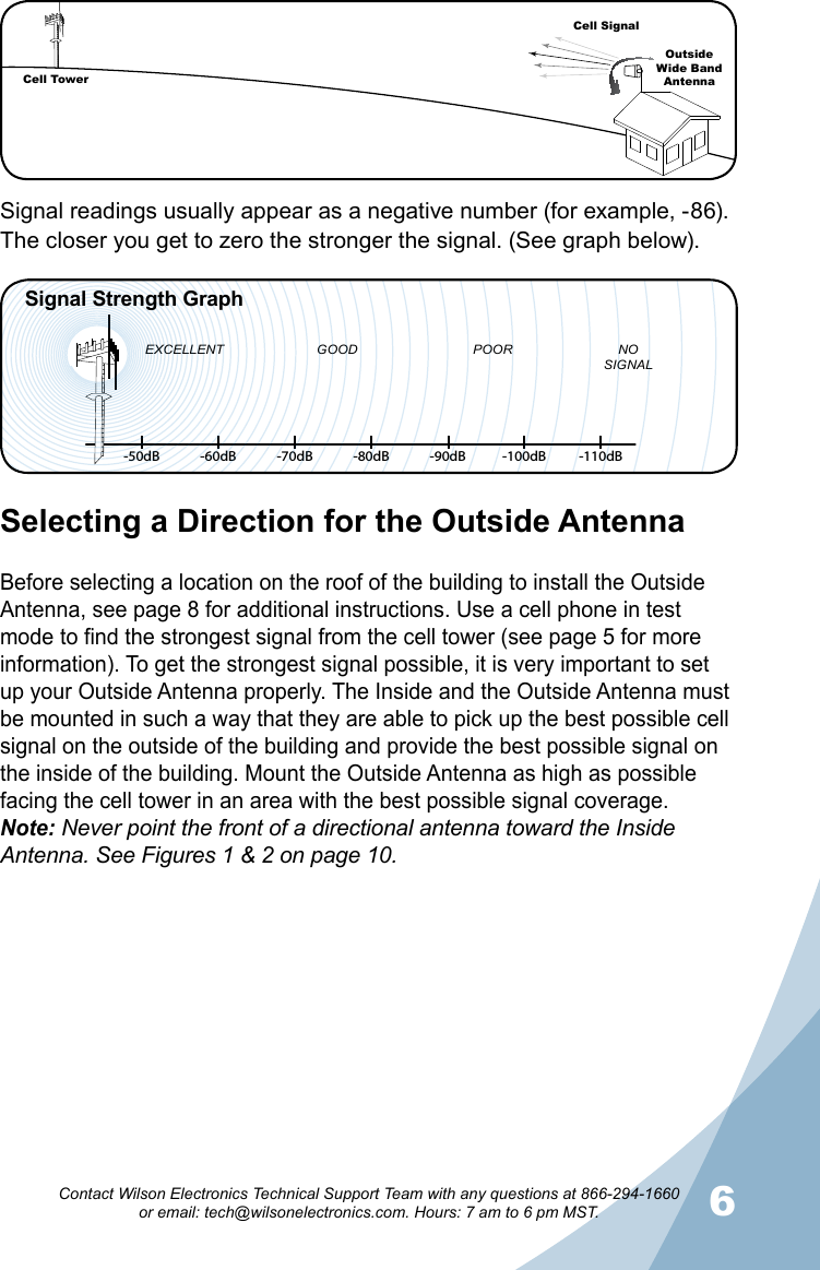 56Contact Wilson Electronics Technical Support Team with any questions at 866-294-1660   or email: tech@wilsonelectronics.com. Hours: 7 am to 6 pm MST.Selecting a Direction for the Outside AntennaBefore selecting a location on the roof of the building to install the Outside Antenna, see page 8 for additional instructions. Use a cell phone in test mode to find the strongest signal from the cell tower (see page 5 for more information). To get the strongest signal possible, it is very important to set up your Outside Antenna properly. The Inside and the Outside Antenna must be mounted in such a way that they are able to pick up the best possible cell signal on the outside of the building and provide the best possible signal on the inside of the building. Mount the Outside Antenna as high as possible facing the cell tower in an area with the best possible signal coverage.Note: Never point the front of a directional antenna toward the Inside Antenna. See Figures 1 &amp; 2 on page 10.-50dB -60dB -70dB -80dB -90dB -100dB -110dBEXCELLENT GOOD POOR NOSIGNALSignal Strength GraphCell TowerCell SignalOutsideWide Band  AntennaSignal readings usually appear as a negative number (for example, -86). The closer you get to zero the stronger the signal. (See graph below).