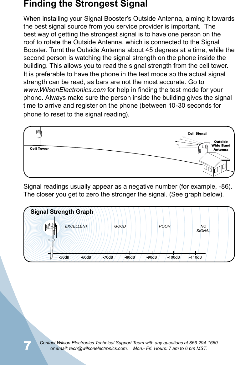 7Contact Wilson Electronics Technical Support Team with any questions at 866-294-1660   or email: tech@wilsonelectronics.com.    Mon.- Fri. Hours: 7 am to 6 pm MST.8Finding the Strongest SignalWhen installing your Signal Booster’s Outside Antenna, aiming it towards the best signal source from you service provider is important.  The best way of getting the strongest signal is to have one person on the roof to rotate the Outside Antenna, which is connected to the Signal Booster. Turnt the Outside Antenna about 45 degrees at a time, while the second person is watching the signal strength on the phone inside the building. This allows you to read the signal strength from the cell tower.  It is preferable to have the phone in the test mode so the actual signal strength can be read, as bars are not the most accurate. Go towww.WilsonElectronics.com for help in finding the test mode for your phone. Always make sure the person inside the building gives the signal time to arrive and register on the phone (between 10-30 seconds for phone to reset to the signal reading).-50dB -60dB -70dB -80dB -90dB -100dB -110dBEXCELLENT GOOD POOR NOSIGNALSignal Strength GraphCell TowerCell SignalOutsideWide Band  AntennaSignal readings usually appear as a negative number (for example, -86). The closer you get to zero the stronger the signal. (See graph below).