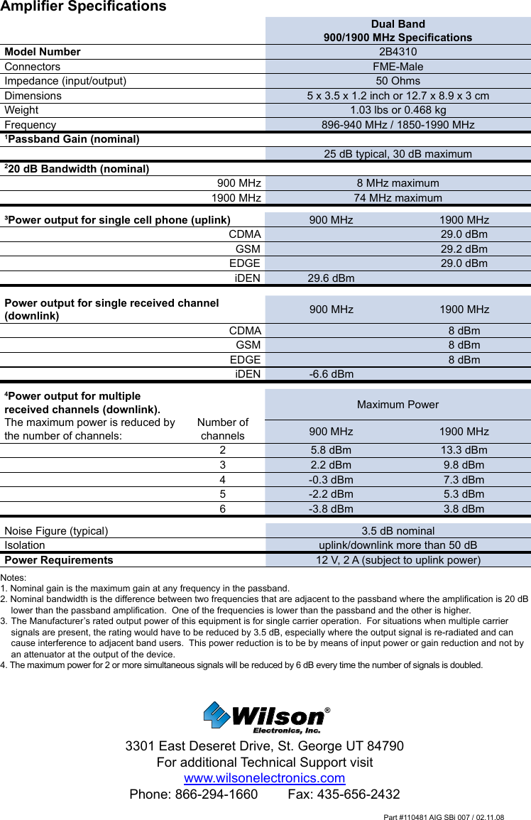 Amplier SpecicationsDual Band900/1900 MHz SpecicationsModel Number 2B4310Connectors FME-MaleImpedance (input/output) 50 OhmsDimensions 5 x 3.5 x 1.2 inch or 12.7 x 8.9 x 3 cmWeight 1.03 lbs or 0.468 kgFrequency 896-940 MHz / 1850-1990 MHz1Passband Gain (nominal)25 dB typical, 30 dB maximum220 dB Bandwidth (nominal)900 MHz 8 MHz maximum1900 MHz 74 MHz maximum³Power output for single cell phone (uplink) 900 MHz 1900 MHzCDMA 29.0 dBmGSM 29.2 dBmEDGE 29.0 dBmiDEN 29.6 dBmPower output for single received channel (downlink) 900 MHz 1900 MHzCDMA 8 dBmGSM 8 dBmEDGE 8 dBmiDEN -6.6 dBm4Power output for multiple received channels (downlink).  The maximum power is reduced by the number of channels:Number of channelsMaximum Power900 MHz 1900 MHz25.8 dBm 13.3 dBm3 2.2 dBm 9.8 dBm4 -0.3 dBm 7.3 dBm5-2.2 dBm 5.3 dBm6 -3.8 dBm 3.8 dBmNoise Figure (typical) 3.5 dB nominalIsolation uplink/downlink more than 50 dBPower Requirements 12 V, 2 A (subject to uplink power)Notes:1. Nominal gain is the maximum gain at any frequency in the passband.2. Nominal bandwidth is the difference between two frequencies that are adjacent to the passband where the amplication is 20 dB lower than the passband amplication.  One of the frequencies is lower than the passband and the other is higher.3. The Manufacturer’s rated output power of this equipment is for single carrier operation.  For situations when multiple carrier signals are present, the rating would have to be reduced by 3.5 dB, especially where the output signal is re-radiated and can cause interference to adjacent band users.  This power reduction is to be by means of input power or gain reduction and not by an attenuator at the output of the device.4. The maximum power for 2 or more simultaneous signals will be reduced by 6 dB every time the number of signals is doubled.Wilson®         Electronics, Inc.3301 East Deseret Drive, St. George UT 84790For additional Technical Support visitwww.wilsonelectronics.comPhone: 866-294-1660        Fax: 435-656-2432Part #110481 AIG SBi 007 / 02.11.08