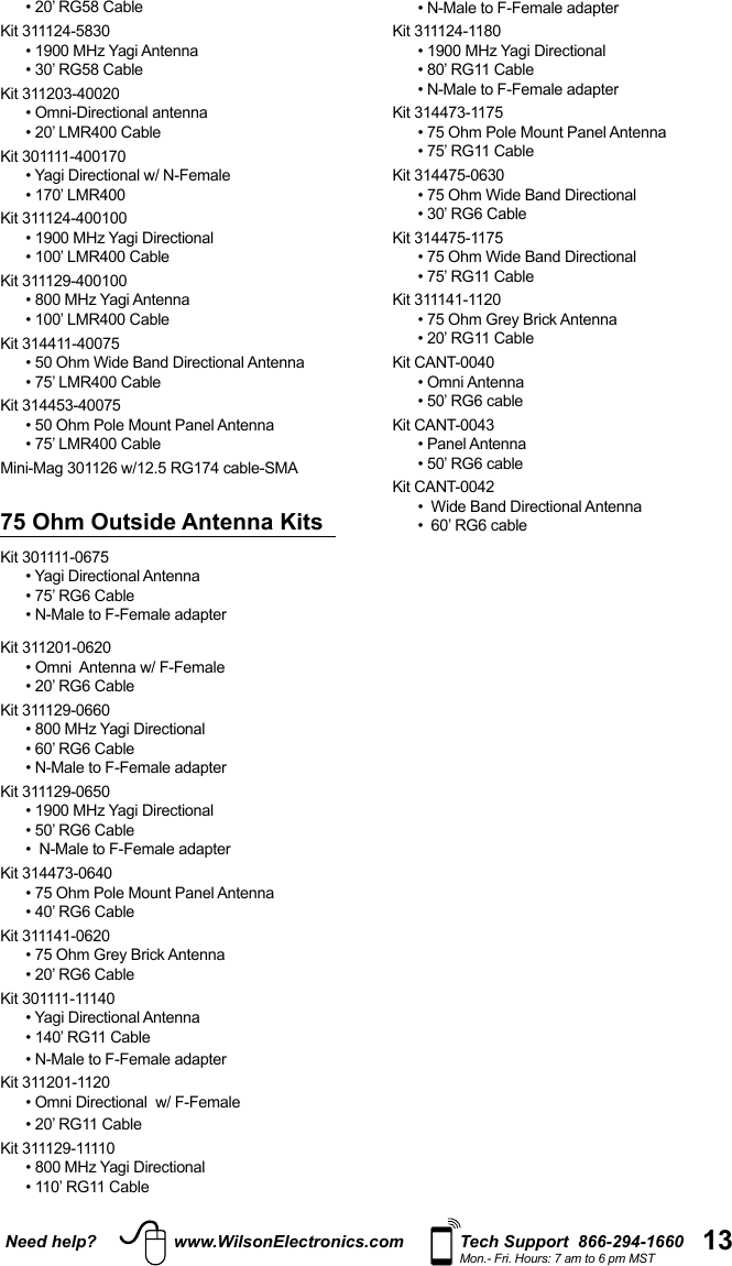 13Need help? www.WilsonElectronics.com Tech Support  866-294-1660Mon.- Fri. Hours: 7 am to 6 pm MSTKit 311124-5830Kit 311203-40020Kit 301111-400170Kit 311124-400100Kit 311129-400100Kit 314411-40075Kit 314453-4007575 Ohm Outside Antenna KitsKit 301111-0675 Kit 311201-0620 Kit 311129-0660Kit 311129-0650Kit 314473-0640Kit 311141-0620Kit 301111-11140Kit 311201-1120Kit 311129-11110Kit 311124-1180 Kit 314473-1175Kit 314475-0630Kit 314475-1175Kit 311141-1120Kit CANT-0040Kit CANT-0043Kit CANT-0042