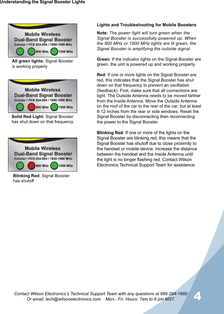 4Contact Wilson Electronics’s Technical Support Team with any questions at 866-294-1660Or email: tech@wilsonelectronics.com    Mon.- Fri. Hours: 7am to 6 pm MST.Lights and Troubleshooting for Mobile BoostersNote: The power light will turn green when the Signal Booster is successfully powered up. When the 800 MHz or 1900 MHz lights are lit green, the Signal Booster is amplifying the outside signal.Green: If the indicator lights on the Signal Booster are green, the unit is powered up and working properly. Red: If one or more lights on the Signal Booster are red, this indicates that the Signal Booster has shut down on that frequency to prevent an oscillation (feedback). First, make sure that all connections are tight. The Outside Antenna needs to be moved farther from the Inside Antenna. Move the Outside Antenna on the roof of the car to the rear of the car, but at least 8-12 inches from the rear or side windows. Reset the Signal Booster by disconnecting then reconnecting the power to the Signal Booster.  Blinking Red: If one or more of the lights on the Signal Booster are blinking red, this means that the Signal Booster has shutoff due to close proximity to the handset or mobile device. Increase the distance between the handset and the Inside Antenna until the light is no longer flashing red. Contact Wilson Electronics Technical Support Team for assistance.Understanding the Signal Booster LightsAll green lights: Signal Booster is working properlySolid Red Light: Signal Booster has shut down on that frequency Blinking Red: Signal Booster has shutoff