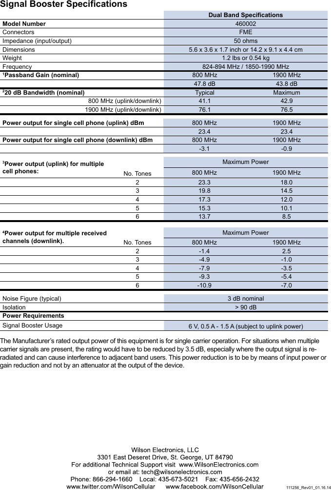Signal Booster SpecificationsDual Band SpecificationsModel Number  460002Connectors FMEImpedance (input/output) 50 ohmsDimensions 5.6 x 3.6 x 1.7 inch or 14.2 x 9.1 x 4.4 cmWeight 1.2 lbs or 0.54 kgFrequency 824-894 MHz / 1850-1990 MHz1Passband Gain (nominal) 800 MHz 1900 MHz47.8 dB 43.8 dB220 dB Bandwidth (nominal) Typical Maximum800 MHz (uplink/downlink) 41.1 42.91900 MHz (uplink/downlink) 76.1 76.5Power output for single cell phone (uplink) dBm 800 MHz 1900 MHz23.4 23.4Power output for single cell phone (downlink) dBm 800 MHz 1900 MHz-3.1 -0.93Power output (uplink) for multiple cell phones: No. TonesMaximum Power800 MHz 1900 MHz2 23.3 18.03 19.8 14.54 17.3 12.05 15.3 10.16 13.7 8.54Power output for multiple received channels (downlink).  No. TonesMaximum Power800 MHz 1900 MHz2 -1.4 2.53 -4.9 -1.04 -7.9 -3.55 -9.3 -5.46 -10.9 -7.0Noise Figure (typical) 3 dB nominalIsolation &gt; 90 dBPower RequirementsSignal Booster Usage 6 V, 0.5 A - 1.5 A (subject to uplink power)The Manufacturer’s rated output power of this equipment is for single carrier operation. For situations when multiple carrier signals are present, the rating would have to be reduced by 3.5 dB, especially where the output signal is re-radiated and can cause interference to adjacent band users. This power reduction is to be by means of input power or gain reduction and not by an attenuator at the output of the device.111256_Rev01_01.16.14 