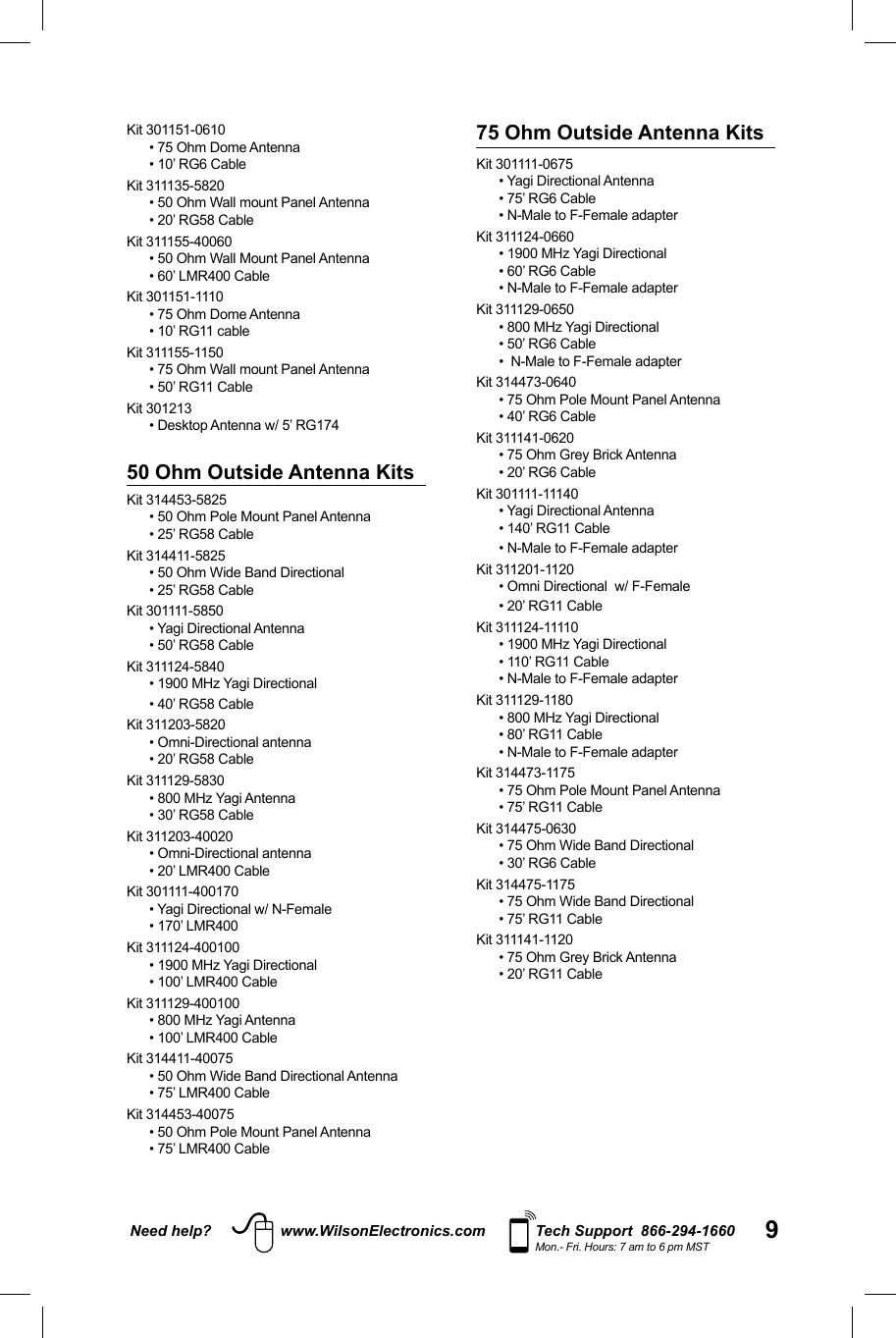 9Need help? www.WilsonElectronics.com Tech Support  866-294-1660Mon.- Fri. Hours: 7 am to 6 pm MSTKit 301151-0610• 75 Ohm Dome Antenna• 10’ RG6 CableKit 311135-5820• 50 Ohm Wall mount Panel Antenna• 20’ RG58 CableKit 311155-40060• 50 Ohm Wall Mount Panel Antenna• 60’ LMR400 CableKit 301151-1110• 75 Ohm Dome Antenna• 10’ RG11 cableKit 311155-1150• 75 Ohm Wall mount Panel Antenna• 50’ RG11 CableKit 301213• Desktop Antenna w/ 5’ RG17450 Ohm Outside Antenna KitsKit 314453-5825• 50 Ohm Pole Mount Panel Antenna• 25’ RG58 CableKit 314411-5825• 50 Ohm Wide Band Directional• 25’ RG58 CableKit 301111-5850• Yagi Directional Antenna• 50’ RG58 CableKit 311124-5840• 1900 MHz Yagi Directional• 40’ RG58 CableKit 311203-5820  • Omni-Directional antenna• 20’ RG58 CableKit 311129-5830• 800 MHz Yagi Antenna• 30’ RG58 CableKit 311203-40020• Omni-Directional antenna• 20’ LMR400 CableKit 301111-400170• Yagi Directional w/ N-Female• 170’ LMR400Kit 311124-400100• 1900 MHz Yagi Directional• 100’ LMR400 CableKit 311129-400100• 800 MHz Yagi Antenna• 100’ LMR400 CableKit 314411-40075• 50 Ohm Wide Band Directional Antenna• 75’ LMR400 CableKit 314453-40075• 50 Ohm Pole Mount Panel Antenna• 75’ LMR400 Cable75 Ohm Outside Antenna KitsKit 301111-0675 • Yagi Directional Antenna• 75’ RG6 Cable• N-Male to F-Female adapterKit 311124-0660• 1900 MHz Yagi Directional• 60’ RG6 Cable• N-Male to F-Female adapterKit 311129-0650• 800 MHz Yagi Directional• 50’ RG6 Cable•  N-Male to F-Female adapterKit 314473-0640• 75 Ohm Pole Mount Panel Antenna• 40’ RG6 CableKit 311141-0620• 75 Ohm Grey Brick Antenna• 20’ RG6 CableKit 301111-11140• Yagi Directional Antenna• 140’ RG11 Cable• N-Male to F-Female adapterKit 311201-1120• Omni Directional  w/ F-Female• 20’ RG11 CableKit 311124-11110• 1900 MHz Yagi Directional• 110’ RG11 Cable• N-Male to F-Female adapterKit 311129-1180 • 800 MHz Yagi Directional• 80’ RG11 Cable• N-Male to F-Female adapterKit 314473-1175• 75 Ohm Pole Mount Panel Antenna• 75’ RG11 CableKit 314475-0630• 75 Ohm Wide Band Directional• 30’ RG6 CableKit 314475-1175• 75 Ohm Wide Band Directional• 75’ RG11 CableKit 311141-1120• 75 Ohm Grey Brick Antenna• 20’ RG11 Cable
