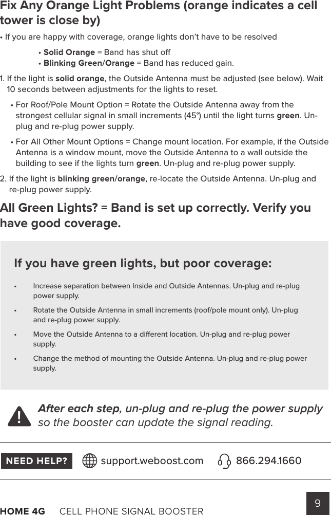 9HOME 4G     CELL PHONE SIGNAL BOOSTER      Fix Any Orange Light Problems (orange indicates a cell tower is close by)•  If you are happy with coverage, orange lights don’t have to be resolved • Solid Orange = Band has shut o   • Blinking Green/Orange = Band has reduced gain. 1.  If the light is solid orange, the Outside Antenna must be adjusted (see below). Wait 10 seconds between adjustments for the lights to reset.  •  For Roof/Pole Mount Option = Rotate the Outside Antenna away from the strongest cellular signal in small increments (45°) until the light turns green. Un-plug and re-plug power supply.  •  For All Other Mount Options = Change mount location. For example, if the Outside Antenna is a window mount, move the Outside Antenna to a wall outside the building to see if the lights turn green. Un-plug and re-plug power supply.2.  If the light is blinking green/orange, re-locate the Outside Antenna. Un-plug and re-plug power supply.All Green Lights? = Band is set up correctly. Verify you have good coverage.If you have green lights, but poor coverage:After each step, un-plug and re-plug the power supply so the booster can update the signal reading.!•   Increase separation between Inside and Outside Antennas. Un-plug and re-plug power supply.•  Rotate the Outside Antenna in small increments (roof/pole mount only). Un-plug and re-plug power supply.•  Move the Outside Antenna to a dierent location. Un-plug and re-plug power supply.•  Change the method of mounting the Outside Antenna. Un-plug and re-plug power supply.NEED HELP? support.weboost.com 866.294.1660