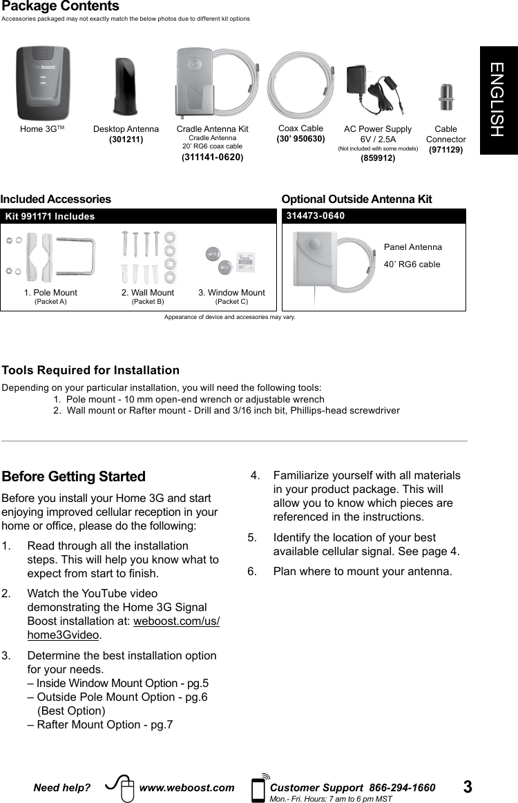 Need help? www.weboost.com Customer Support  866-294-1660Mon.- Fri. Hours: 7 am to 6 pm MST 3ENGLISHBefore Getting Started  . 3.   Determine the best installation option     (Best Option)  referenced in the instructions.  (859912)2. Wall Mount 1. Pole Mount Tools Required for Installation   Kit 991171 IncludesPackage Contents314473-0640Included Accessories Optional Outside Antenna KitHome 3GTM Cradle Antenna KitCradle Antenna20’ RG6 coax cable(311141-0620)Coax Cable (30’ 950630)CableConnector(971129)(301211)Panel Antenna40’ RG6 cable