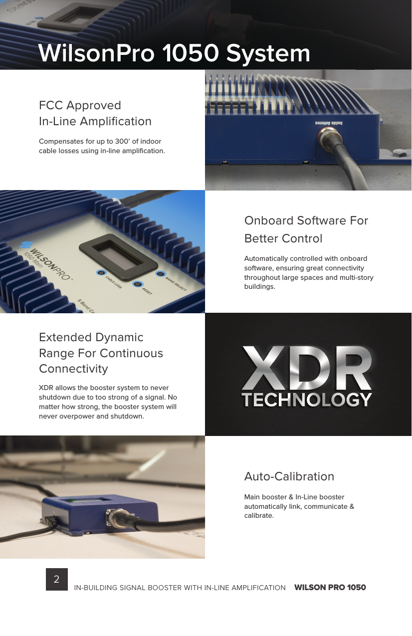 2IN-BUILDING SIGNAL BOOSTER WITH IN-LINE AMPLIFICATION    WILSON PRO 1050 FCC ApprovedIn-Line AmpliﬁcationCompensates for up to 300’ of indoor cable losses using in-line ampliﬁcation.Onboard Software ForBetter ControlAutomatically controlled with onboardsoftware, ensuring great connectivitythroughout large spaces and multi-storybuildings.Auto-CalibrationMain booster &amp; In-Line booster automatically link, communicate &amp; calibrate.Extended Dynamic Range For Continuous ConnectivityXDR allows the booster system to never shutdown due to too strong of a signal. No matter how strong, the booster system will never overpower and shutdown.WilsonPro 1050 System