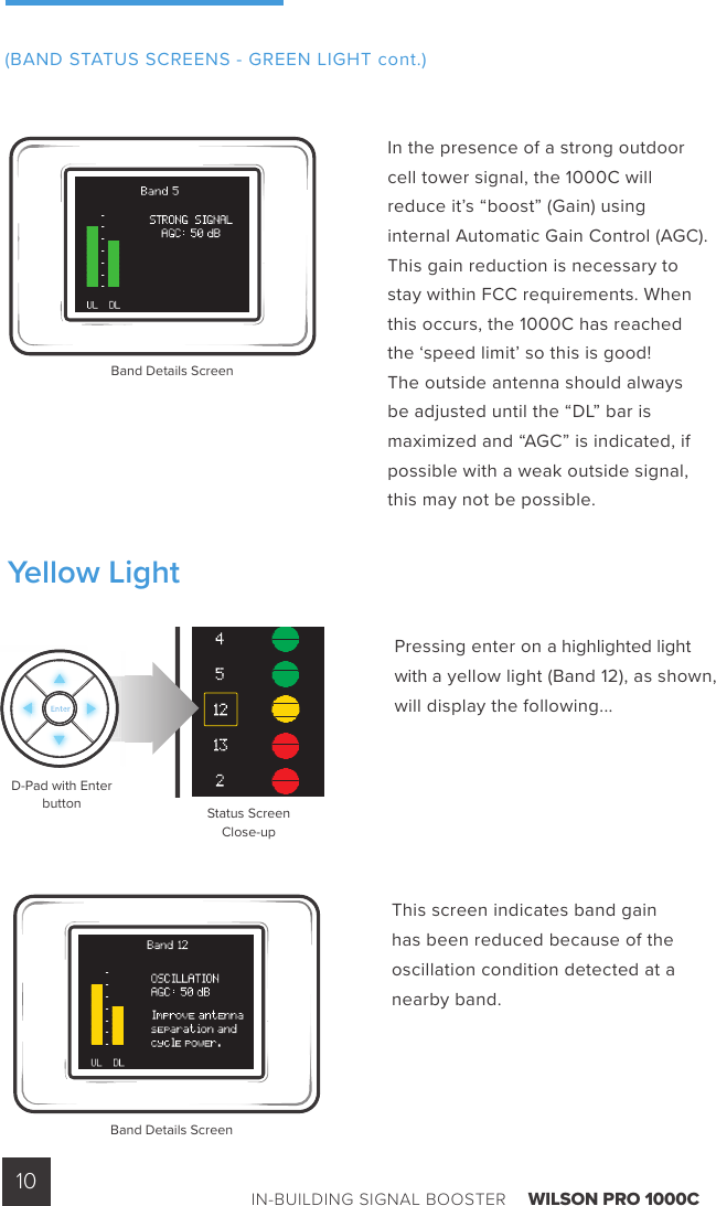 IN-BUILDING SIGNAL BOOSTER    WILSON PRO 1000C10In the presence of a strong outdoor cell tower signal, the 1000C will reduce it’s “boost” (Gain) using internal Automatic Gain Control (AGC). This gain reduction is necessary to stay within FCC requirements. When this occurs, the 1000C has reached the ‘speed limit’ so this is good! The outside antenna should always be adjusted until the “DL” bar is maximized and “AGC” is indicated, if possible with a weak outside signal, this may not be possible.Band Details ScreenThis screen indicates band gain has been reduced because of the oscillation condition detected at a nearby band.   Pressing enter on a highlighted light with a yellow light (Band 12), as shown, will display the following...D-Pad with Enter button Status ScreenClose-upBand Details Screen(BAND STATUS SCREENS - GREEN LIGHT cont.)Yellow Light