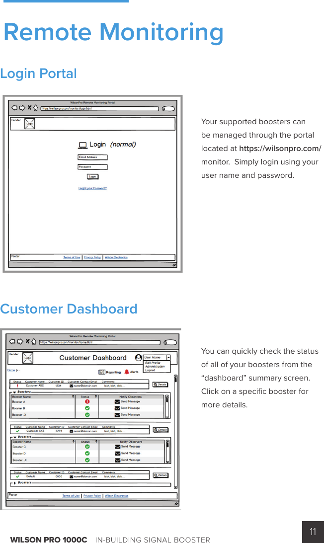 WILSON PRO 1000C    IN-BUILDING SIGNAL BOOSTER 11Your supported boosters can be managed through the portal located at https://wilsonpro.com/monitor.  Simply login using your user name and password. You can quickly check the status of all of your boosters from the “dashboard” summary screen.  Click on a speciﬁ c booster for more details.Remote MonitoringLogin PortalCustomer Dashboard