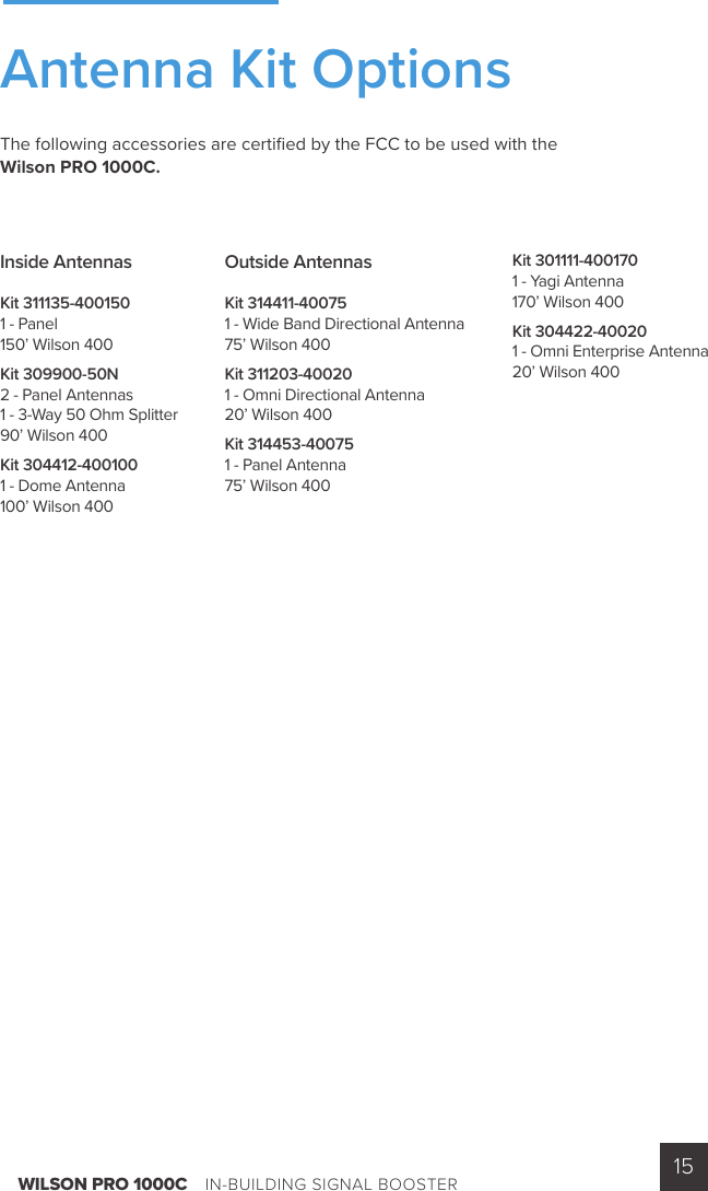 WILSON PRO 1000C    IN-BUILDING SIGNAL BOOSTER 15The following accessories are certiﬁ ed by the FCC to be used with the Wilson PRO 1000C.Inside AntennasKit 311135-4001501 - Panel150’ Wilson 400Kit 309900-50N2 - Panel Antennas 1 - 3-Way 50 Ohm Splitter90’ Wilson 400Kit 304412-4001001 - Dome Antenna100’ Wilson 400Outside AntennasKit 314411-400751 - Wide Band Directional Antenna 75’ Wilson 400Kit 311203-400201 - Omni Directional Antenna 20’ Wilson 400Kit 314453-400751 - Panel Antenna 75’ Wilson 400Kit 301111-4001701 - Yagi Antenna 170’ Wilson 400Kit 304422-400201 - Omni Enterprise Antenna 20’ Wilson 400Antenna Kit Options