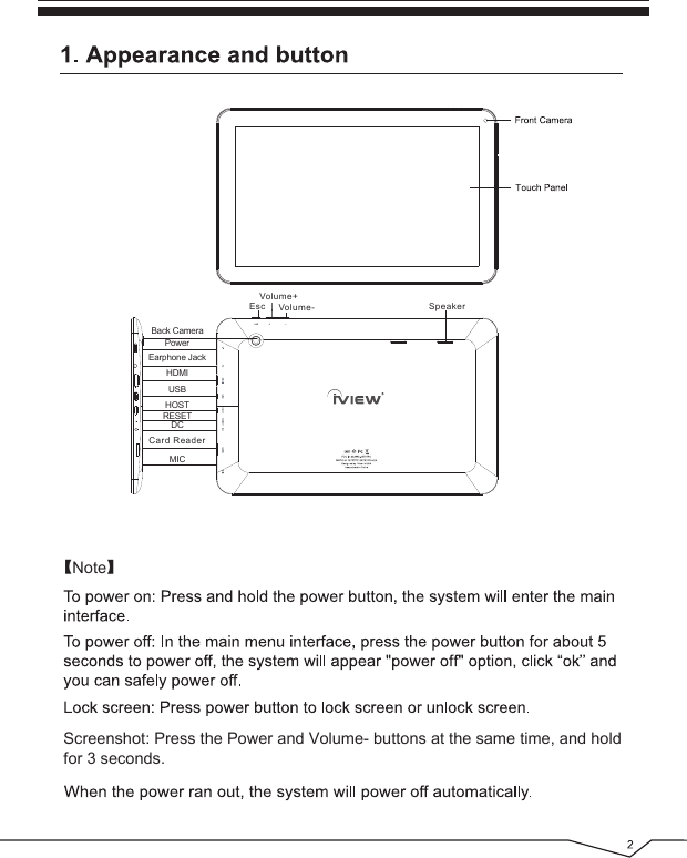 Screenshot: Press the Power and Volume- buttons at the same time, and holdfor 3 seconds.【Note】Card ReaderRESETHOSTDCUSBMICEarphone JackHDMIPowerVolume-Volume+SpeakerEscBack Camera