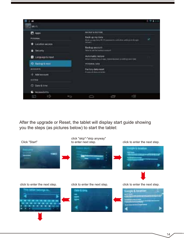 After the upgrade or Reset, the tablet will display start guide showing you the steps (as pictures below) to start the tablet:Click &quot;Start&quot;click &quot;skip&quot;-&quot;skip anyway&quot; to enter next step. click to enter the next step.click to enter the next step.click to enter the next step.click to enter the next step.
