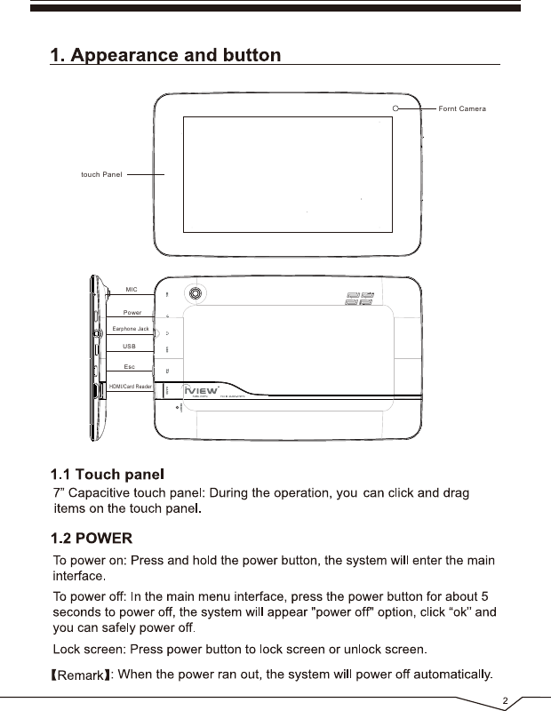 MICPowerEarphone JackUSBEscHDMI/Card Readertouch PanelFornt Camera