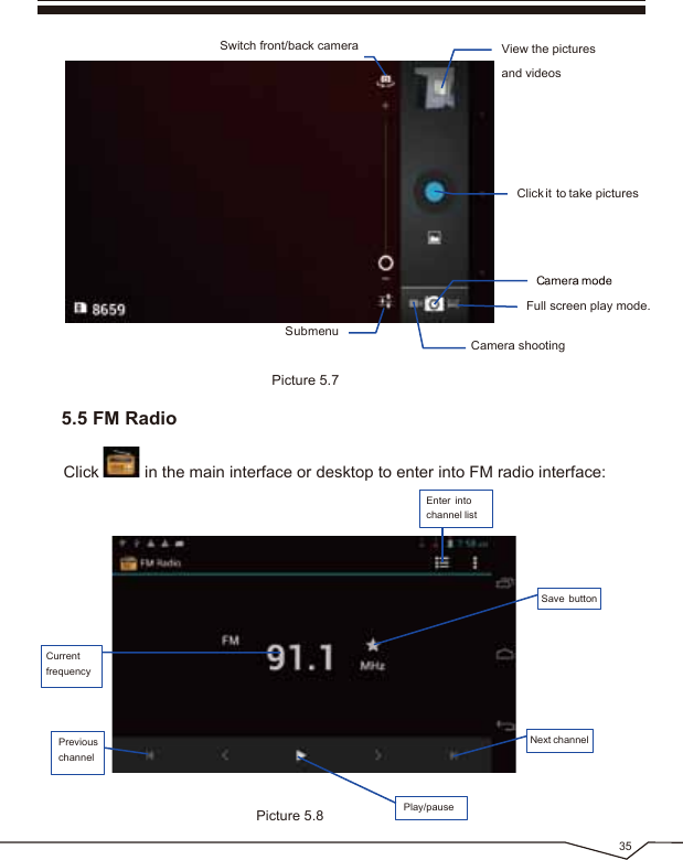 Picture 5.7355.5 FM RadioClick in the main interface or desktop to enter into FM radio interface:Picture 5.8Enter intochannel listPlay/pauseSave buttonPreviouschannelNext channelCurrentfrequencyView the pictures and videosSwitch front/back cameraClick it to take picturesSubmenuFull screen play mode.Camera shooting
