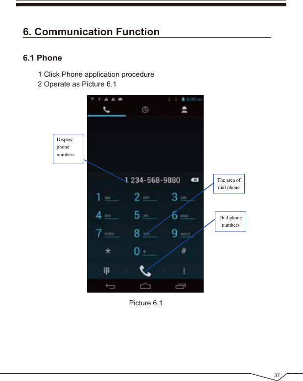 37Picture 6.1DisplayphonenumbersDial phonenumbersThe area ofdial phone6. Communication Function1 Click Phone application procedure2 Operate as Picture 6.16.1 Phone