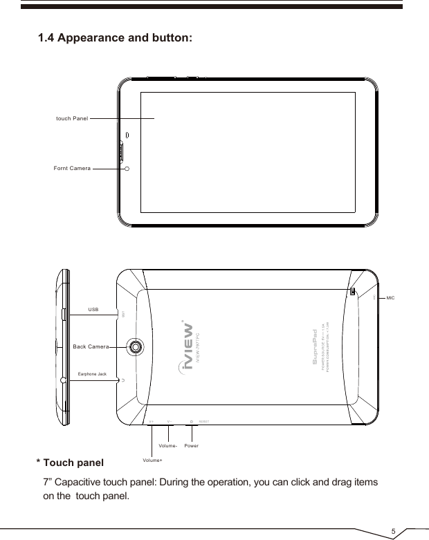 51.4 Appearance and button:* Touch panel7” Capacitive touch panel: During the operation, you can click and drag items on the touch panel.Earphone JackUSBPowerVolume-Volume+touch PanelFornt CameraBack CameraMIC
