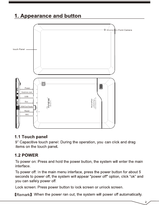 MICPowerEarphone JackUSBEscResetHDMI/Card Readertouch PanelFornt Camera