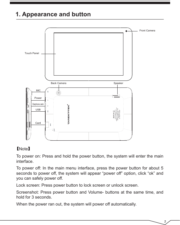 Front CameraTouch Panel【Note】Back Camera SpeakerPowerEarphone JackCardMICUSB1. Appearance and buttonTo power on: Press and hold the power button, the system will enter the main interface.To power off: In the main menu interface, press the power button for about 5 seconds to power off, the system will appear “power off” option, click “ok” and you can safely power off.Lock screen: Press power button to lock screen or unlock screen.Screenshot: Press power button and Volume- buttons at the same time, and hold for 3 seconds.When the power ran out, the system will power off automatically.