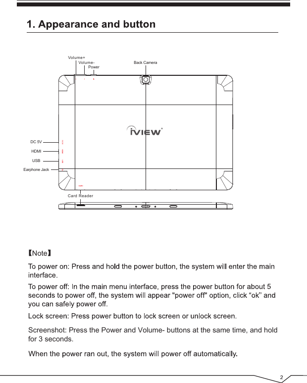 Screenshot: Press the Power and Volume- buttons at the same time, and holdfor 3 seconds.【Note】Card ReaderUSBHDMIDC 5VEarphone JackPowerVolume-Volume+Back Camera