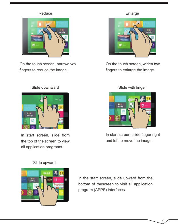 4ReduceOn the touch screen, narrow two fingers to reduce the image.On the touch screen, widen two fingers to enlarge the image.In start screen, slide finger right and left to move the image.EnlargeSlide downwardSlide upward Slide with fingerIn start screen, slide from the top of the screen to view all application programs. In the start screen, slide upward from the bottom of thescreen to visit all application program (APPS) interfaces.