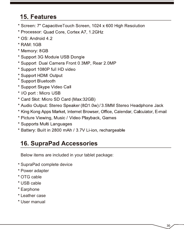 16. SupraPad AccessoriesBelow items are included in your tablet package:SupraPad complete devicePower adapterOTG cableUSB cableEarphoneLeather caseUser manual