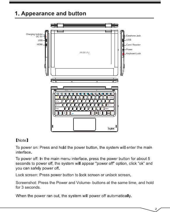 Screenshot: Press the Power and Volume- buttons at the same time, and holdfor 3 seconds.NoteCard ReaderPowerKeyboard LockUSBEarphone JackDC 5VCharging IndictorUSBHDMI