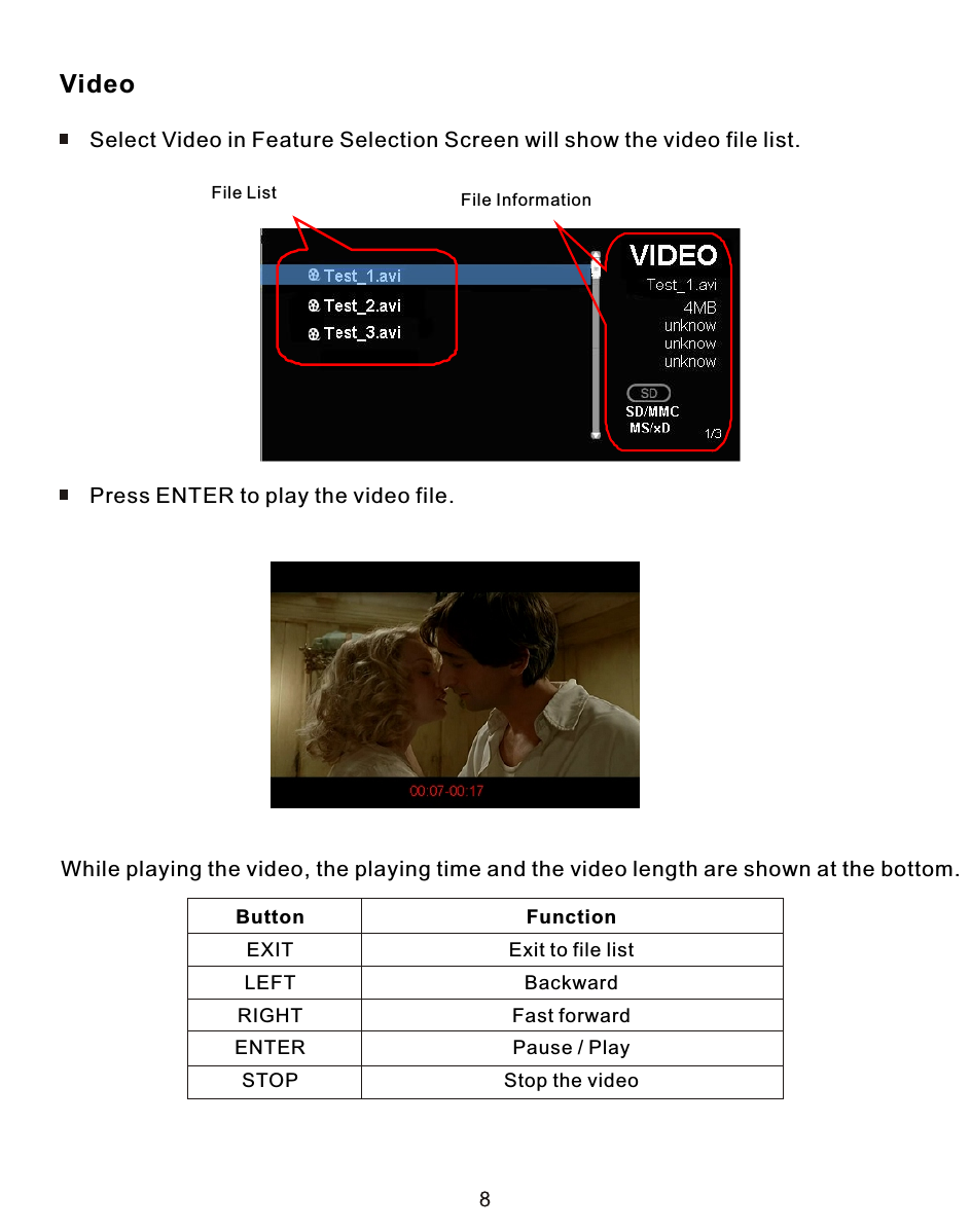 Video     Select Video in Feature Selection Screen will show the video file list.File List File Information     Press ENTER to play the video file.While playing the video, the playing time and the video length are shown at the bottom.ButtonEXITLEFTRIGHTENTERSTOPFunctionExit to file listBackwardFast forwardPause / PlayStop the video    