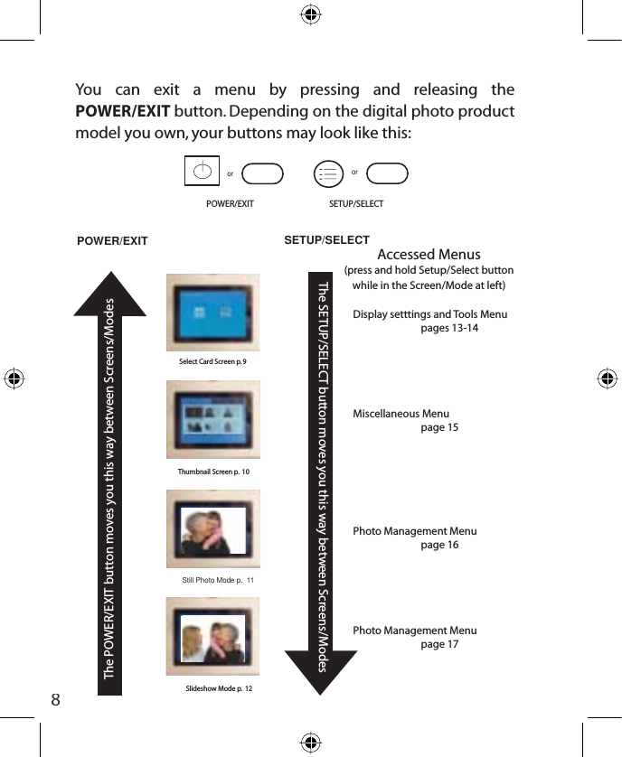 8POWER/EXITorSETUP/SELECTorSlideshow Mode p.  12 Still Photo Mode p.  11 Thumbnail Screen p.  10 Select Card Screen p. 9 POWER/EXITThe POWER/EXIT button moves you this way between Screens/ModesDisplay setttings and Tools Menupages 13-14 Miscellaneous Menupage 15Photo Management Menupage 16Photo Management Menupage 17     SETUP/SELECTThe SETUP/SELECT button moves you this way between Screens/ModesAccessed Menus(press and hold Setup/Select button           while in the Screen/Mode at left)You can exit a menu by pressing and releasing the POWER/EXIT button. Depending on the digital photo product model you own, your buttons may look like this: