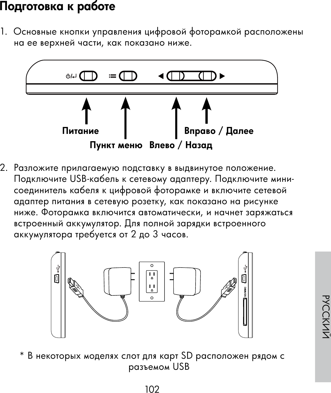102РУССКИЙ1.  Основные кнопки управления цифровой фоторамкой расположены на ее верхней части, как показано ниже.                                                              2.  Разложите прилагаемую подставку в выдвинутое положение. Подключите USB-кабель к сетевому адаптеру. Подключите мини-соединитель кабеля к цифровой фоторамке и включите сетевой адаптер питания в сетевую розетку, как показано на рисунке ниже. Фоторамка включится автоматически, и начнет заряжаться встроенный аккумулятор. Для полной зарядки встроенного аккумулятора требуется от 2 до 3 часов.* В некоторых моделях слот для карт SD расположен рядом с разъемом USBПитаниеПункт меню Влево / НазадВправо / ДалееПодготовка к работе