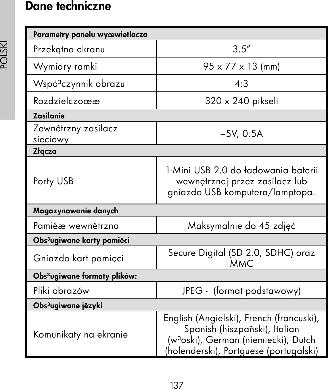 137POLSKIParametry panelu wyœwietlaczaPrzekątna ekranu 3.5”Wymiary ramki 95 x 77 x 13 (mm)Wspó³czynnik obrazu 4:3Rozdzielczoœæ 320 x 240 pikseliZasilanieZewnêtrzny zasilacz sieciowy +5V, 0.5A ZłączaPorty USB 1-Mini USB 2.0 do ładowania baterii wewnętrznej przez zasilacz lub gniazdo USB komputera/lamptopa.Magazynowanie danychPamiêæ wewnêtrzna Maksymalnie do 45 zdjęćObs³ugiwane karty pamiêciGniazdo kart pamięci  Secure Digital (SD 2.0, SDHC) oraz MMCObs³ugiwane formaty plików:Pliki obrazów JPEG -  (format podstawowy)Obs³ugiwane jêzykiKomunikaty na ekranieEnglish (Angielski), French (francuski), Spanish (hiszpañski), Italian (w³oski), German (niemiecki), Dutch (holenderski), Portguese (portugalski)Dane techniczne