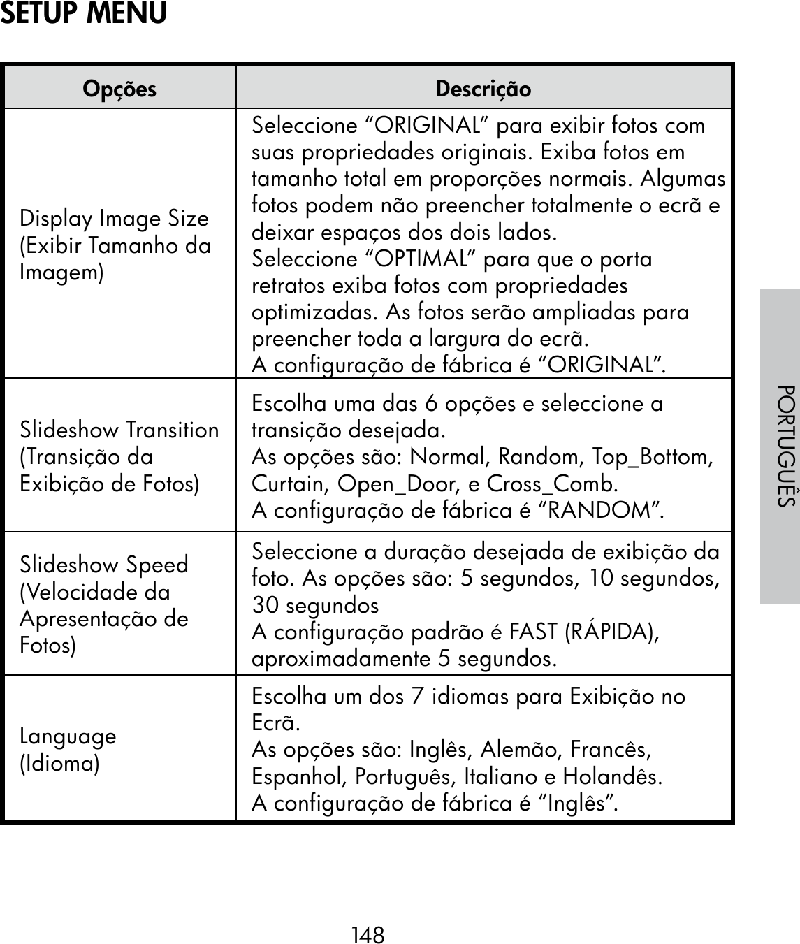 148PORTUGUÊSOpções DescriçãoDisplay Image Size(Exibir Tamanho da Imagem)Seleccione “ORIGINAL” para exibir fotos com suas propriedades originais. Exiba fotos em tamanho total em proporções normais. Algumas fotos podem não preencher totalmente o ecrã e deixar espaços dos dois lados.Seleccione “OPTIMAL” para que o porta retratos exiba fotos com propriedades optimizadas. As fotos serão ampliadas para preencher toda a largura do ecrã.A configuração de fábrica é “ORIGINAL”.Slideshow Transition(Transição da Exibição de Fotos)Escolha uma das 6 opções e seleccione a transição desejada.As opções são: Normal, Random, Top_Bottom, Curtain, Open_Door, e Cross_Comb.A configuração de fábrica é “RANDOM”.Slideshow Speed(Velocidade da Apresentação de Fotos)Seleccione a duração desejada de exibição da foto. As opções são: 5 segundos, 10 segundos, 30 segundosA configuração padrão é FAST (RÁPIDA), aproximadamente 5 segundos.Language(Idioma)Escolha um dos 7 idiomas para Exibição no Ecrã.As opções são: Inglês, Alemão, Francês, Espanhol, Português, Italiano e Holandês.A configuração de fábrica é “Inglês”.SETUP MENU