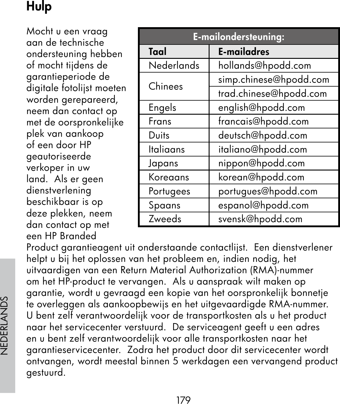 179NEDERLANDSMocht u een vraag aan de technische ondersteuning hebben of mocht tijdens de garantieperiode de digitale fotolijst moeten worden gerepareerd, neem dan contact op met de oorspronkelijke plek van aankoop of een door HP geautoriseerde verkoper in uw land.  Als er geen dienstverlening beschikbaar is op deze plekken, neem dan contact op met een HP Branded Product garantieagent uit onderstaande contactlijst.  Een dienstverlener helpt u bij het oplossen van het probleem en, indien nodig, het uitvaardigen van een Return Material Authorization (RMA)-nummer om het HP-product te vervangen.  Als u aanspraak wilt maken op garantie, wordt u gevraagd een kopie van het oorspronkelijk bonnetje te overleggen als aankoopbewijs en het uitgevaardigde RMA-nummer.  U bent zelf verantwoordelijk voor de transportkosten als u het product naar het servicecenter verstuurd.  De serviceagent geeft u een adres en u bent zelf verantwoordelijk voor alle transportkosten naar het garantieservicecenter.  Zodra het product door dit servicecenter wordt ontvangen, wordt meestal binnen 5 werkdagen een vervangend product gestuurd.E-mailondersteuning:Taal E-mailadresNederlands hollands@hpodd.comChinees simp.chinese@hpodd.comtrad.chinese@hpodd.comEngels english@hpodd.comFrans francais@hpodd.comDuits deutsch@hpodd.comItaliaans italiano@hpodd.comJapans nippon@hpodd.comKoreaans korean@hpodd.comPortugees portugues@hpodd.comSpaans espanol@hpodd.comZweeds svensk@hpodd.comHulp